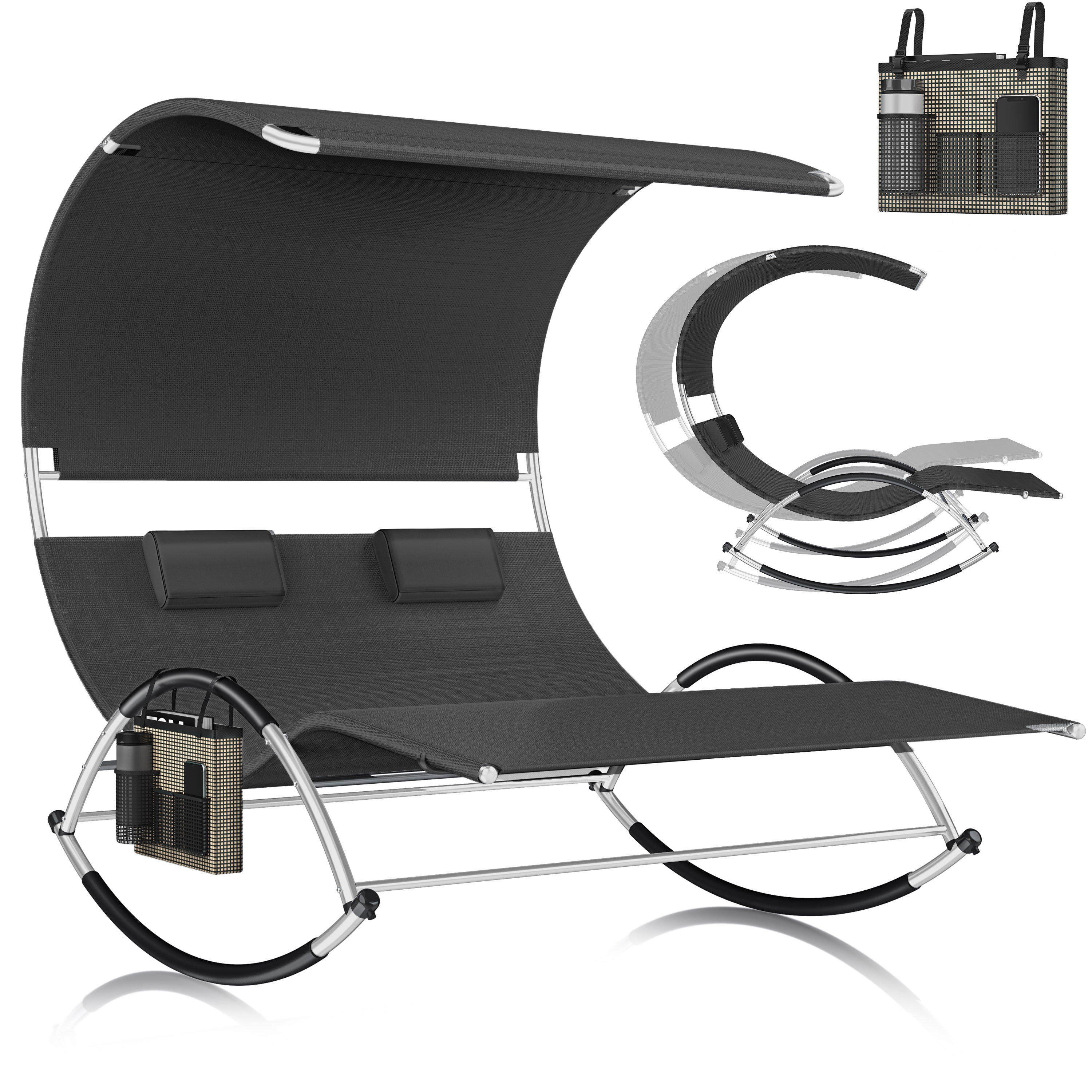 KESSER&reg; Doppel-Sonnenliege Doppelliege | mit Sonnendach , Kopfkissen Tasche | f&uuml;r 2 Personen | Relaxliege | Gartenliege | Schaukelliege ergonomisch geformte Liegefl&auml;che | 240 kg Belastung | - Bild 1