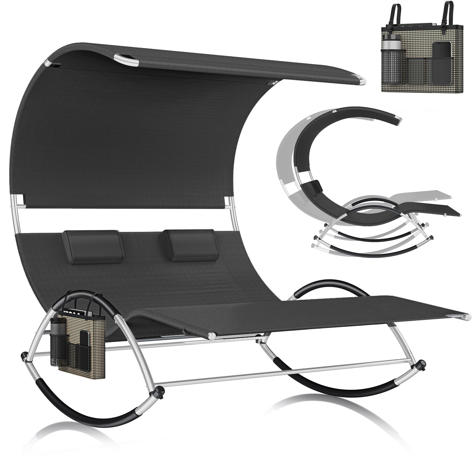 ® Doppel-Sonnenliege Doppelliege   mit Sonnendach , Kopfkissen Tasche   für 2 Personen   Relaxliege   Gartenliege   Schaukelliege ergonomisch geformte Liegefläche    Belastung