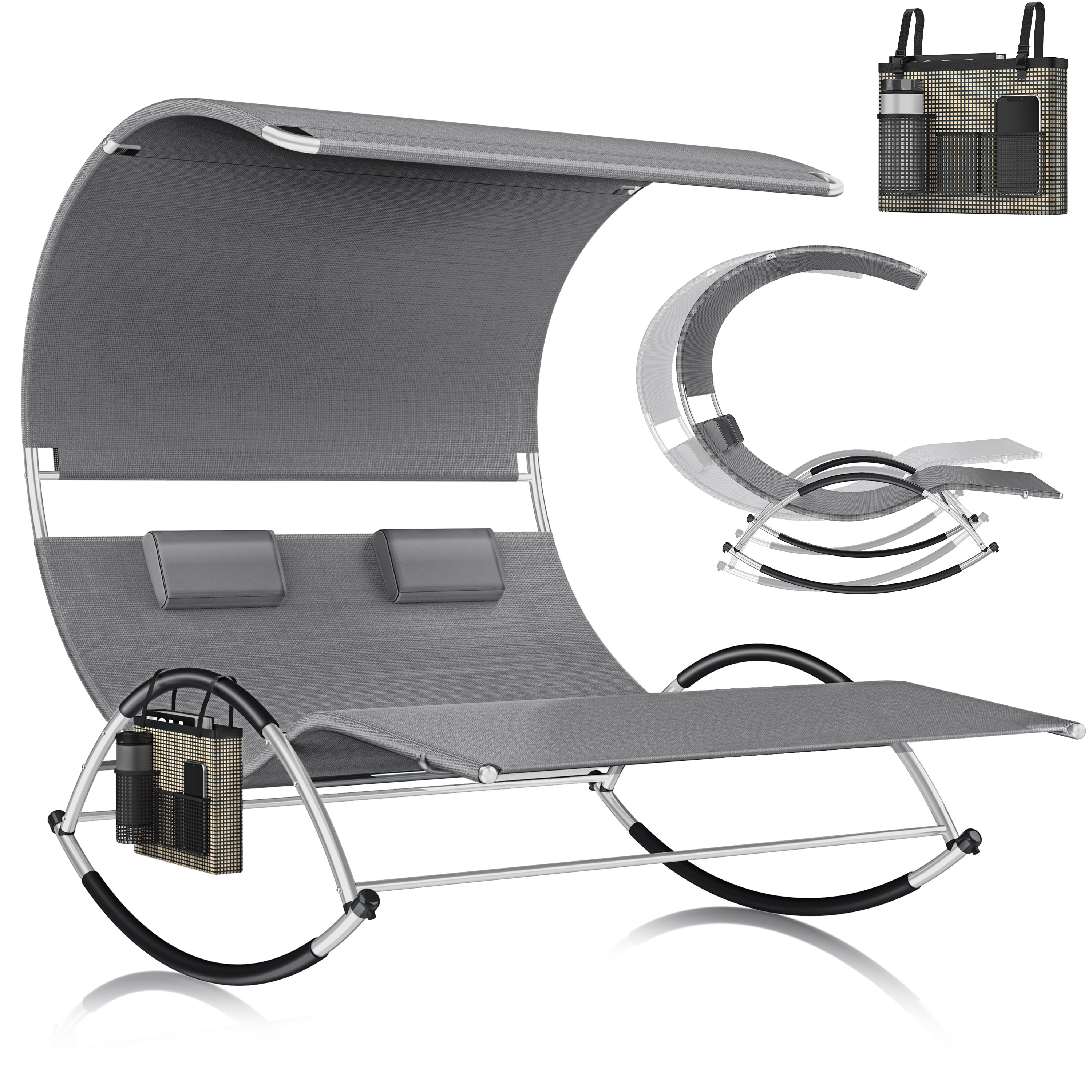 KESSER&reg; Doppel-Sonnenliege Doppelliege | mit Sonnendach , Kopfkissen Tasche | f&uuml;r 2 Personen | Relaxliege | Gartenliege | Schaukelliege ergonomisch geformte Liegefl&auml;che | 240 kg Belastung | - Bild 1