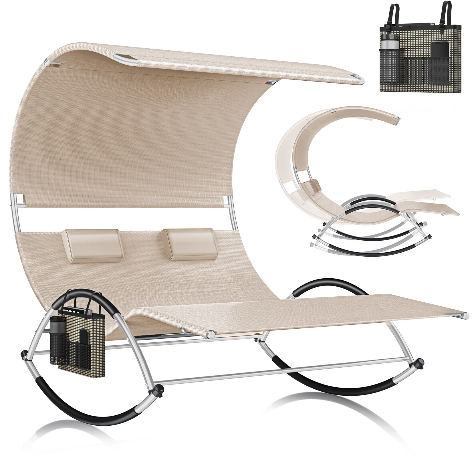 ® Doppel-Sonnenliege Doppelliege   mit Sonnendach , Kopfkissen Tasche   für 2 Personen   Relaxliege   Gartenliege   Schaukelliege ergonomisch geformte Liegefläche    Belastung