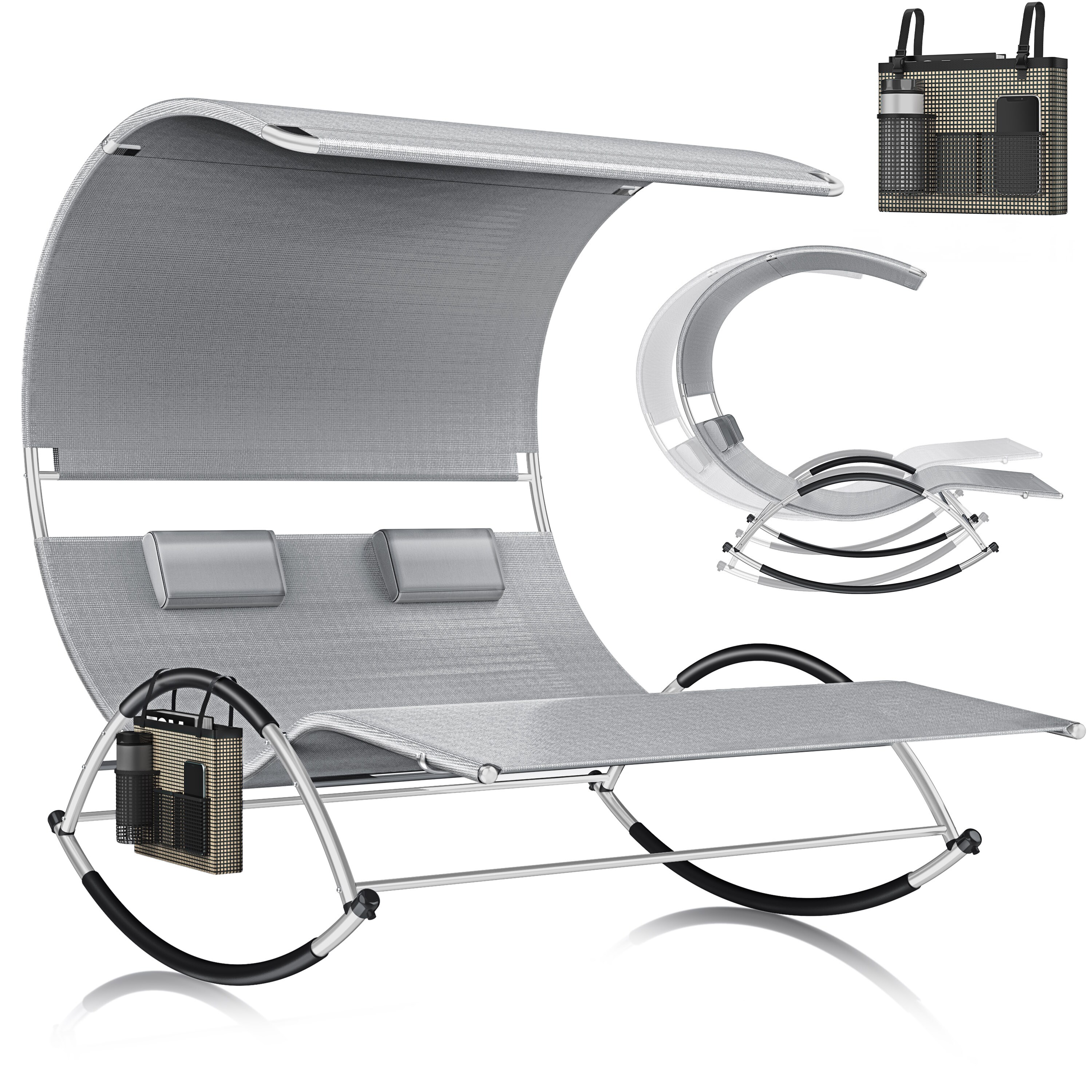 KESSER&reg; Doppel-Sonnenliege Doppelliege | mit Sonnendach , Kopfkissen Tasche | f&uuml;r 2 Personen | Relaxliege | Gartenliege | Schaukelliege ergonomisch geformte Liegefl&auml;che | 240 kg Belastung | - Bild 1