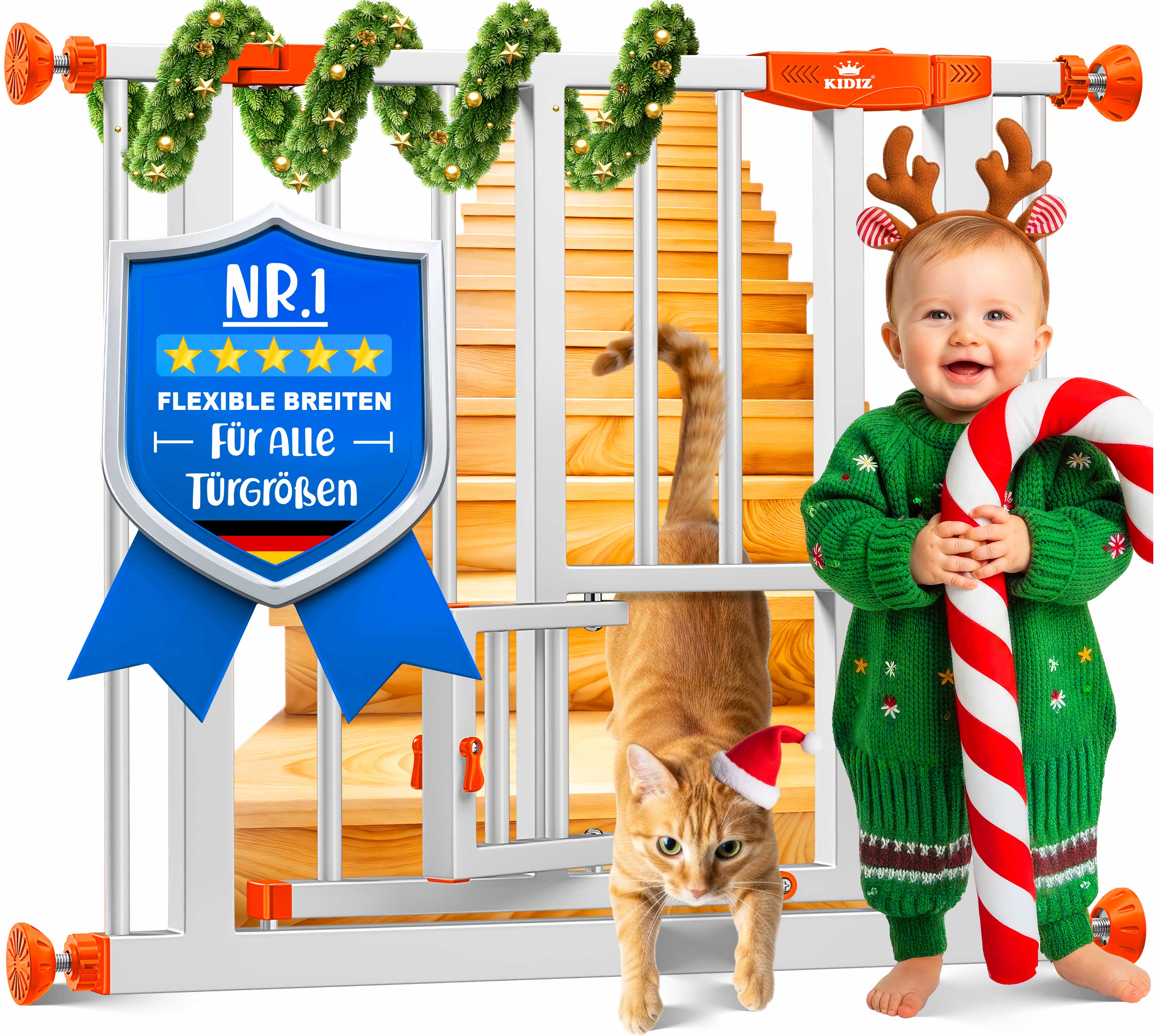 KIDIZ&reg; Absperrgitter zum Klemmen mit Katzenklappe, T&uuml;rschutzgitter, Autoclose Kinder Treppengitter ohne Bohren | 90&deg; Stopp Schutz, schwenkbar, Treppenschutzgitter - Bild 1