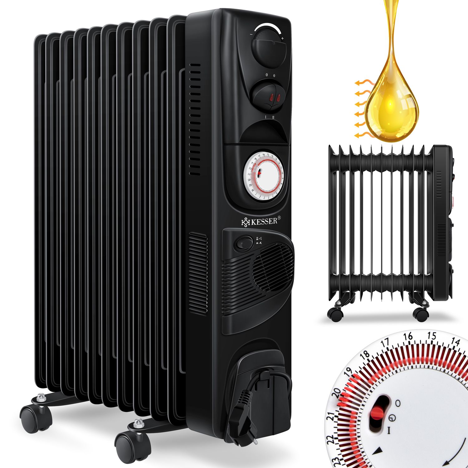 KESSER&reg; &Ouml;lradiator - Elektrische Heizung  2500W &Ouml;l Radiator  Elektroheizung Mobil Timer L&uuml;fter Abschaltautomatik stufenlose Temperaturregelung &Uuml;berhitzungsschutz - Bild 1