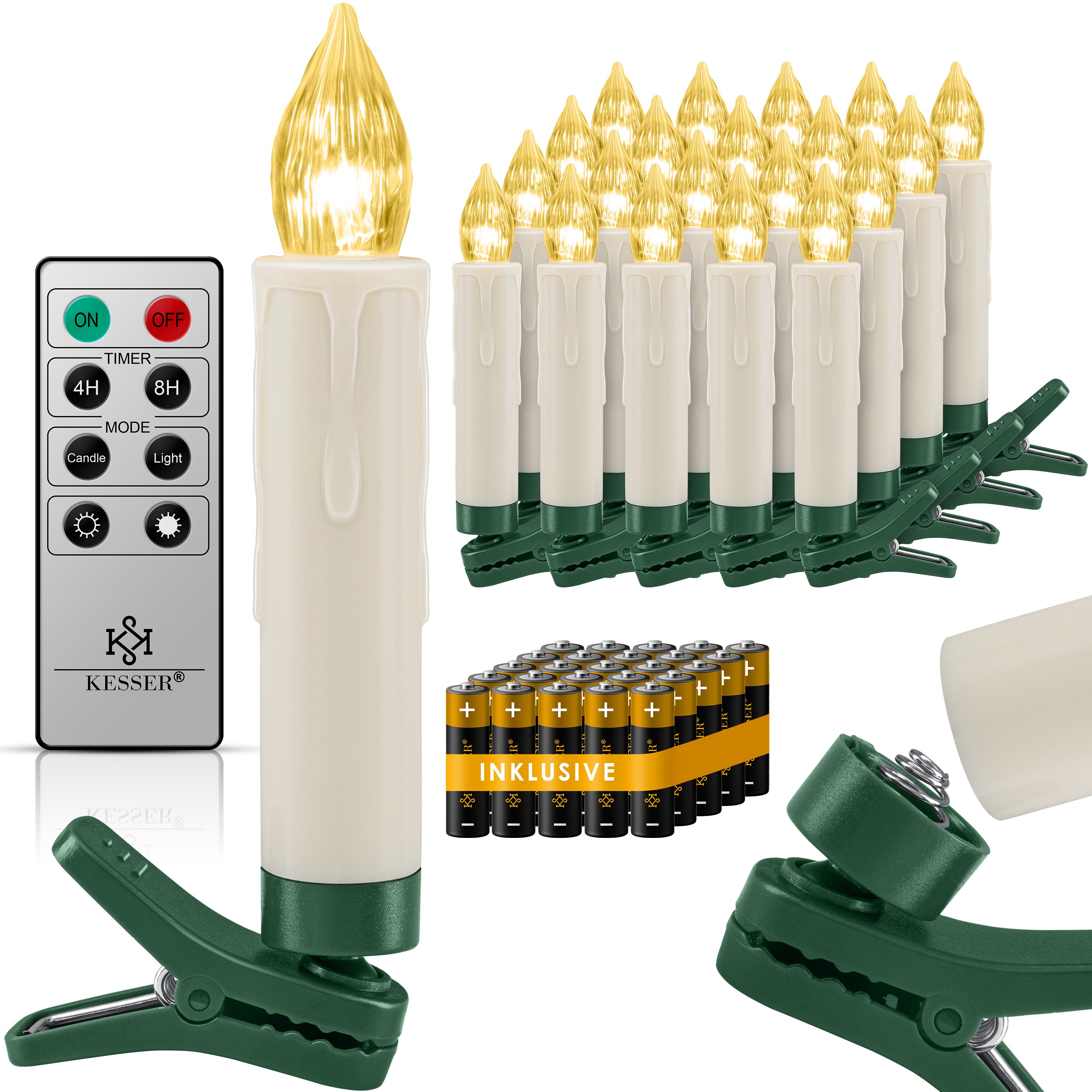 KESSER® Weihnachtsbaumkerzen 20 LED Inkl. Batterien Kabellos - Warmweiß - mit Fernbedienung Funk - Timerfunktion - Flackern