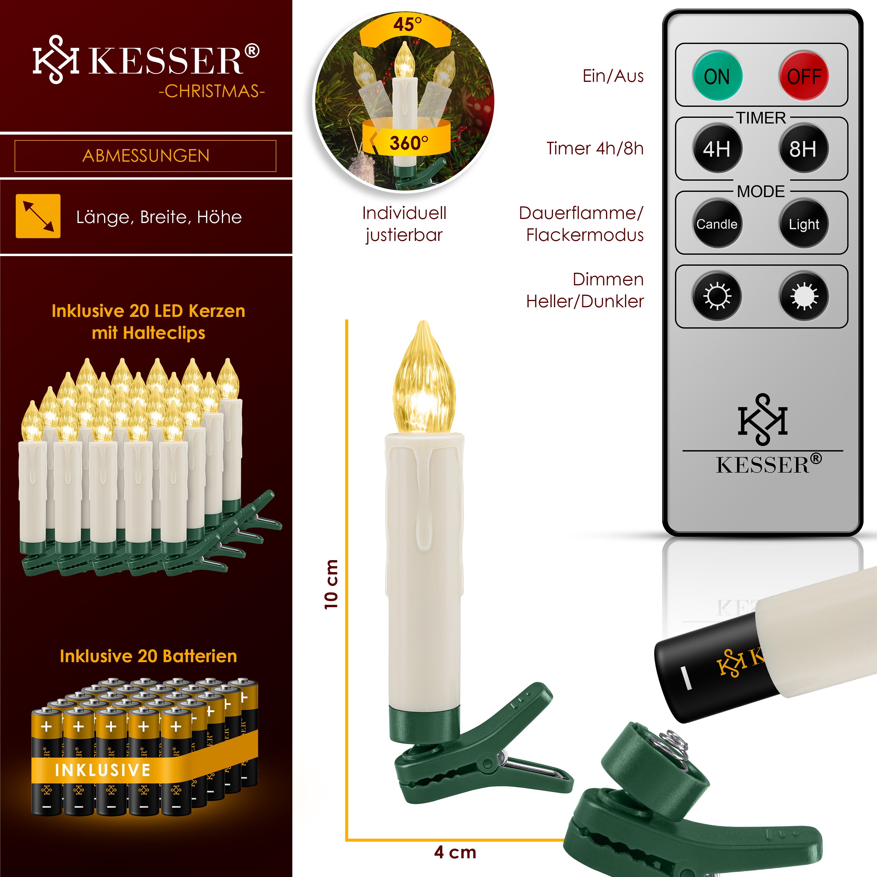 KESSER® Weihnachtsbaumkerzen 20 LED Inkl. Batterien Kabellos - Warmweiß - mit Fernbedienung Funk - Timerfunktion - Flackern