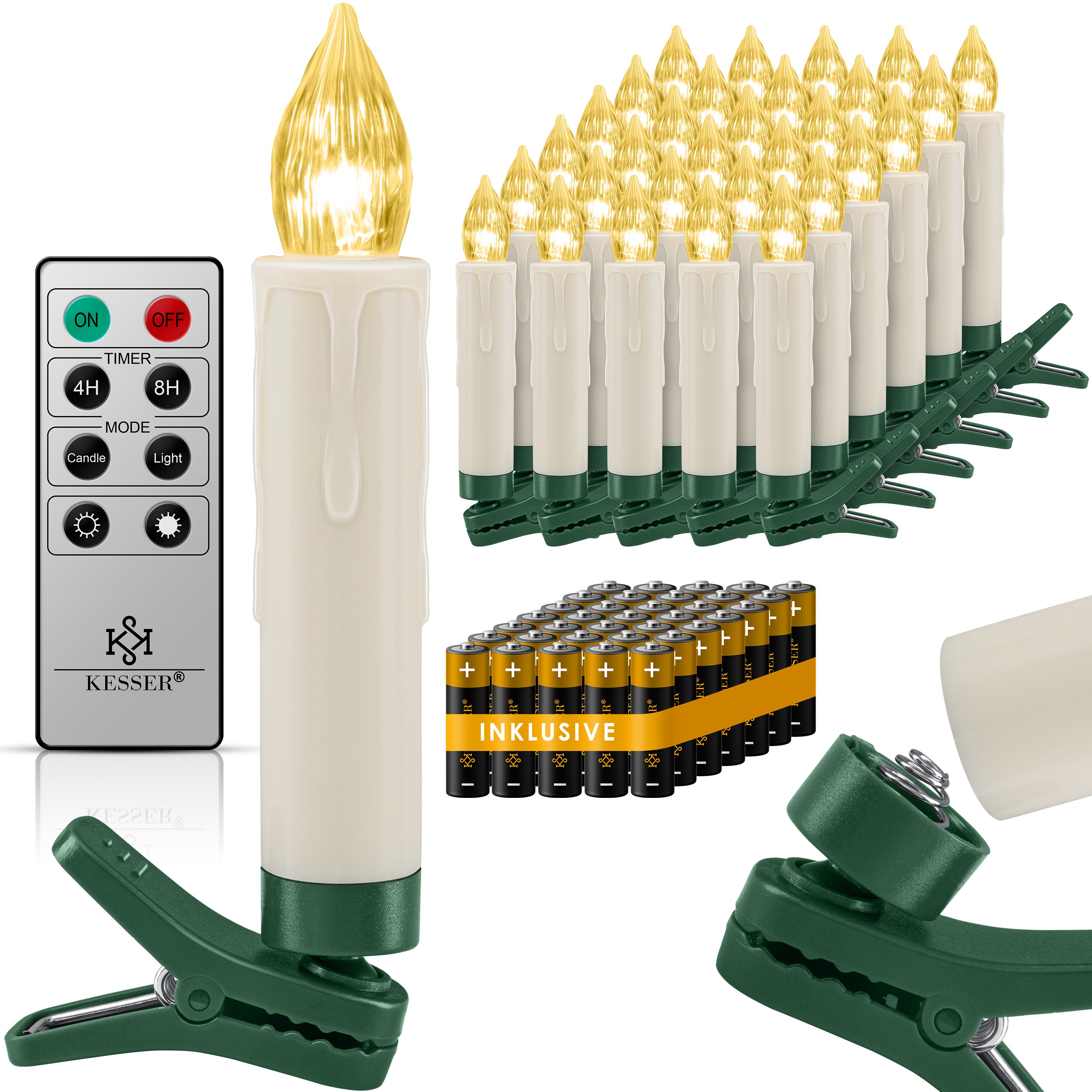 KESSER® Weihnachtsbaumkerzen 20 LED Inkl. Batterien Kabellos - Warmweiß - mit Fernbedienung Funk - Timerfunktion - Flackern