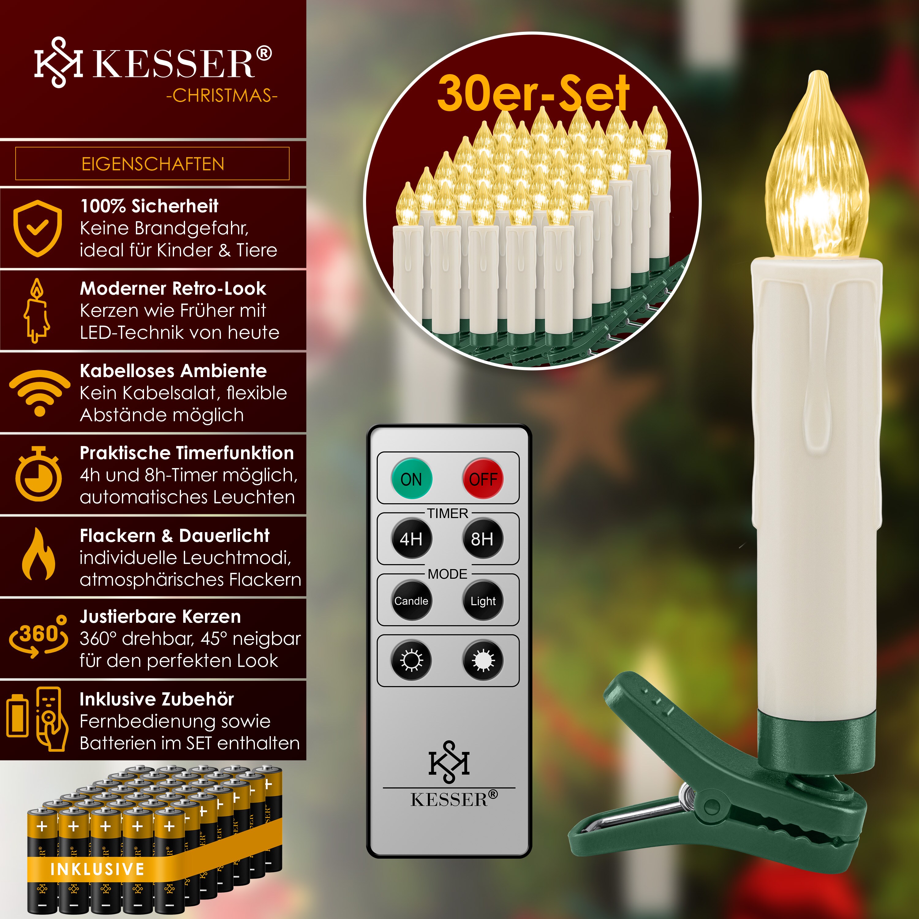 KESSER® Weihnachtsbaumkerzen 20 LED Inkl. Batterien Kabellos - Warmweiß - mit Fernbedienung Funk - Timerfunktion - Flackern