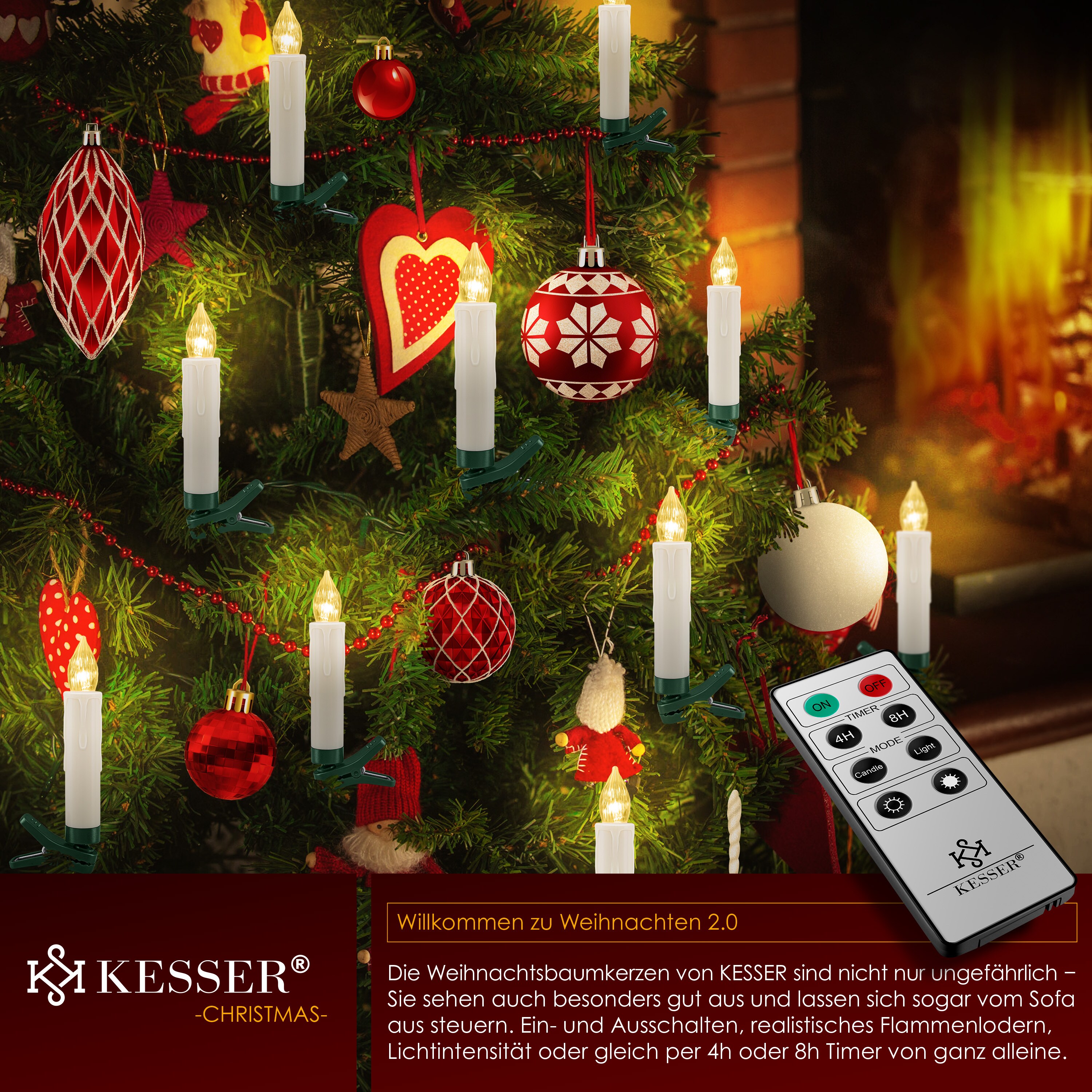 KESSER® Weihnachtsbaumkerzen 20 LED Inkl. Batterien Kabellos - Warmweiß - mit Fernbedienung Funk - Timerfunktion - Flackern