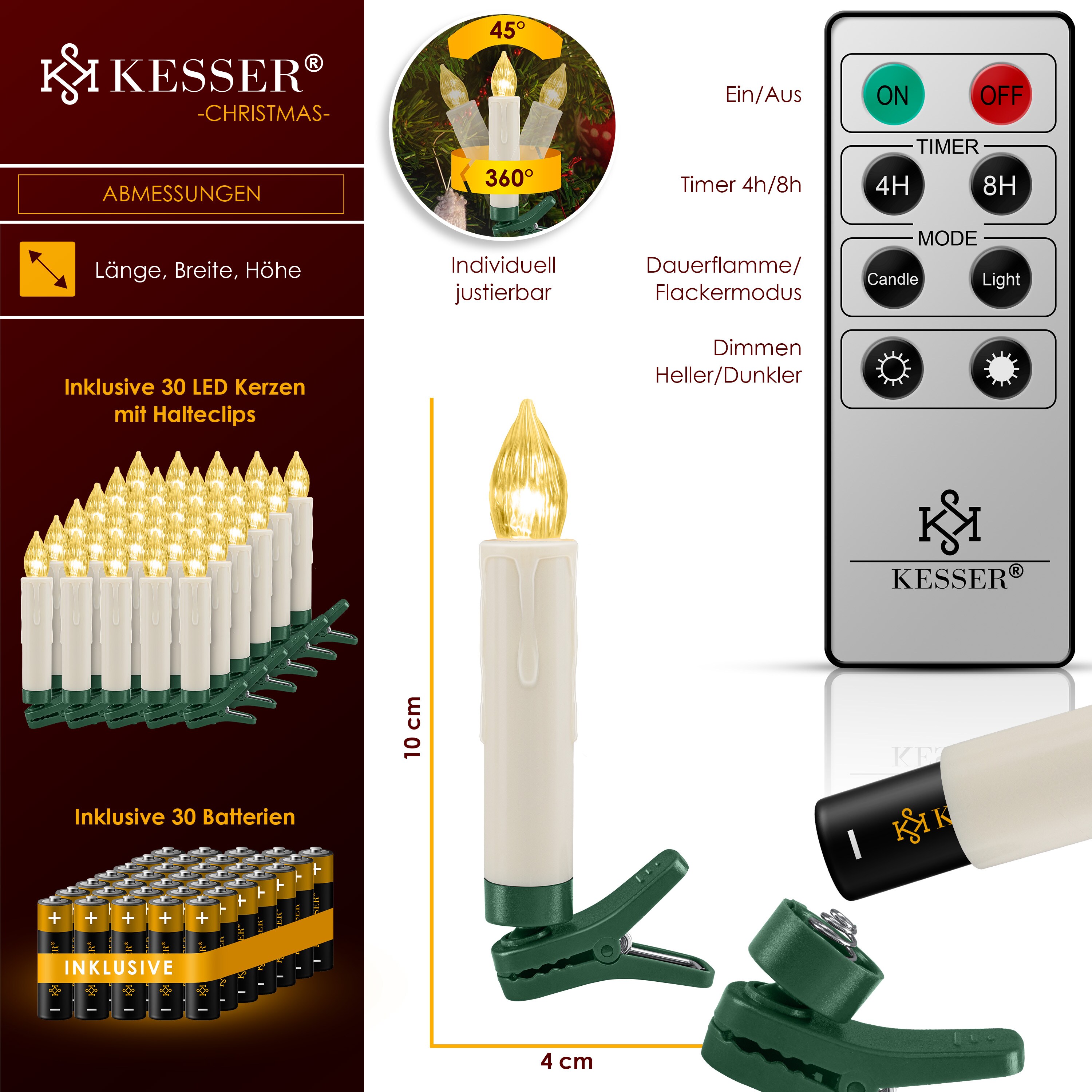 KESSER® Weihnachtsbaumkerzen 20 LED Inkl. Batterien Kabellos - Warmweiß - mit Fernbedienung Funk - Timerfunktion - Flackern
