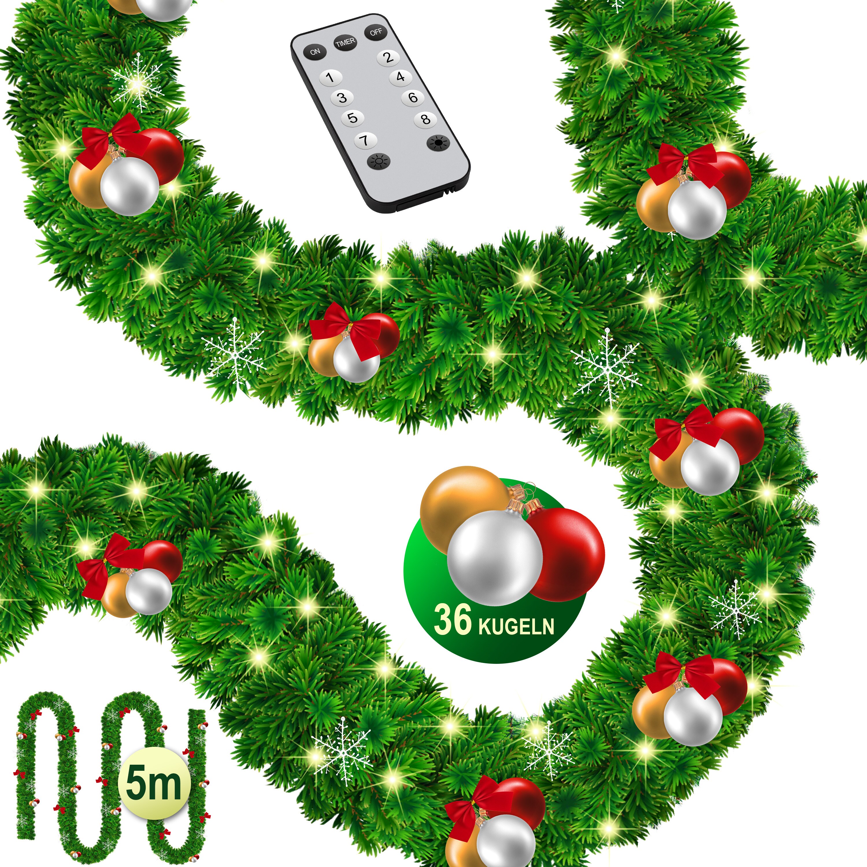 KESSER&reg; Weihnachtsgirlande mit LED &ndash; 5&nbsp;m oder 10&nbsp;m, 100&ndash;200 LEDs, IP44, naturgr&uuml;n, mit Schnee-Effekt je nach Modell, f&uuml;r Outdoor & Indoor, mit Fernbedienung & Weihnachtsdeko je nach Variante - Bild 1