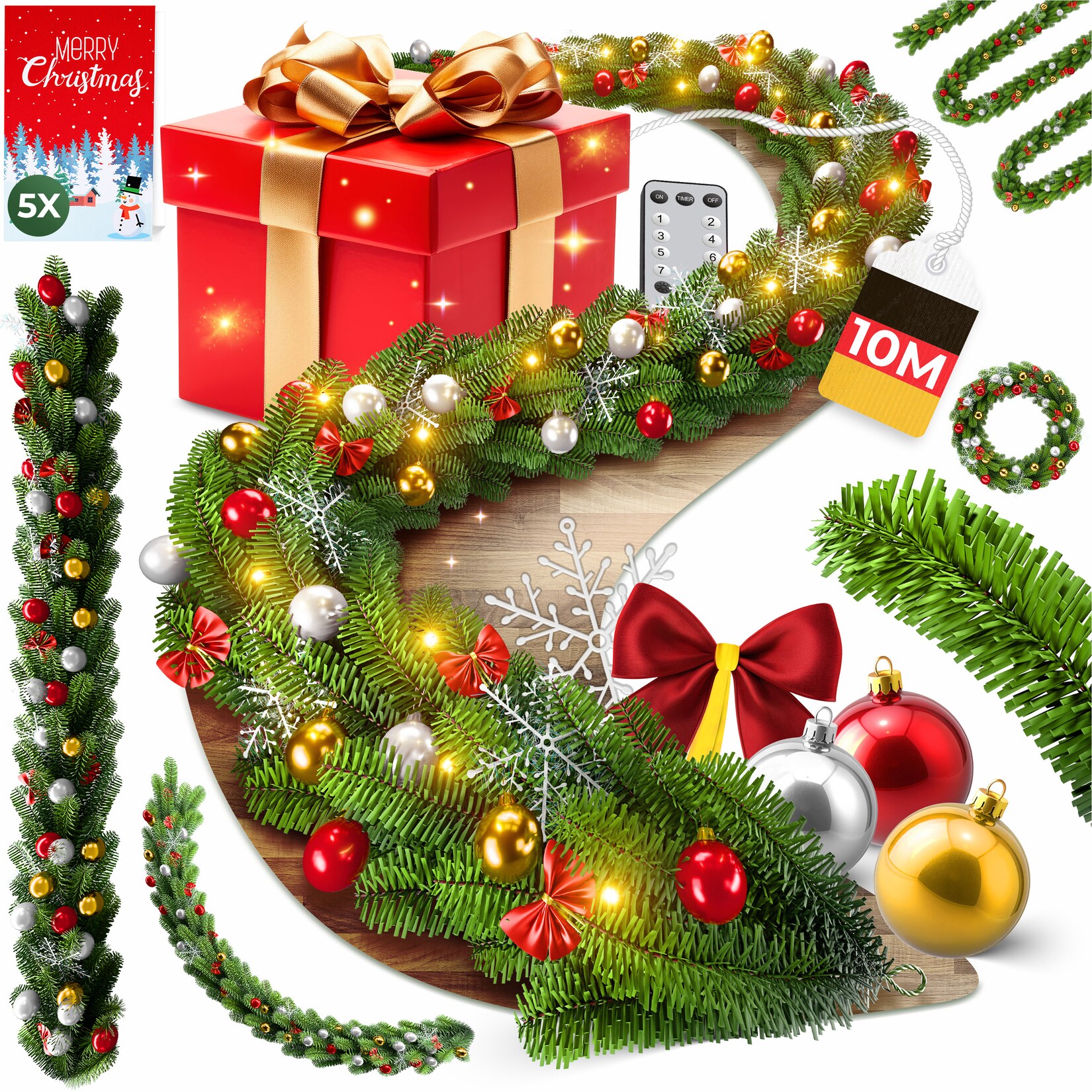 KESSER® Weihnachtsgirlande mit LED – 5 m oder 10 m, 100–200 LEDs, IP44, naturgrün, mit Schnee-Effekt je nach Modell, für Outdoor & Indoor, mit Fernbedienung & Weihnachtsdeko je nach Variante