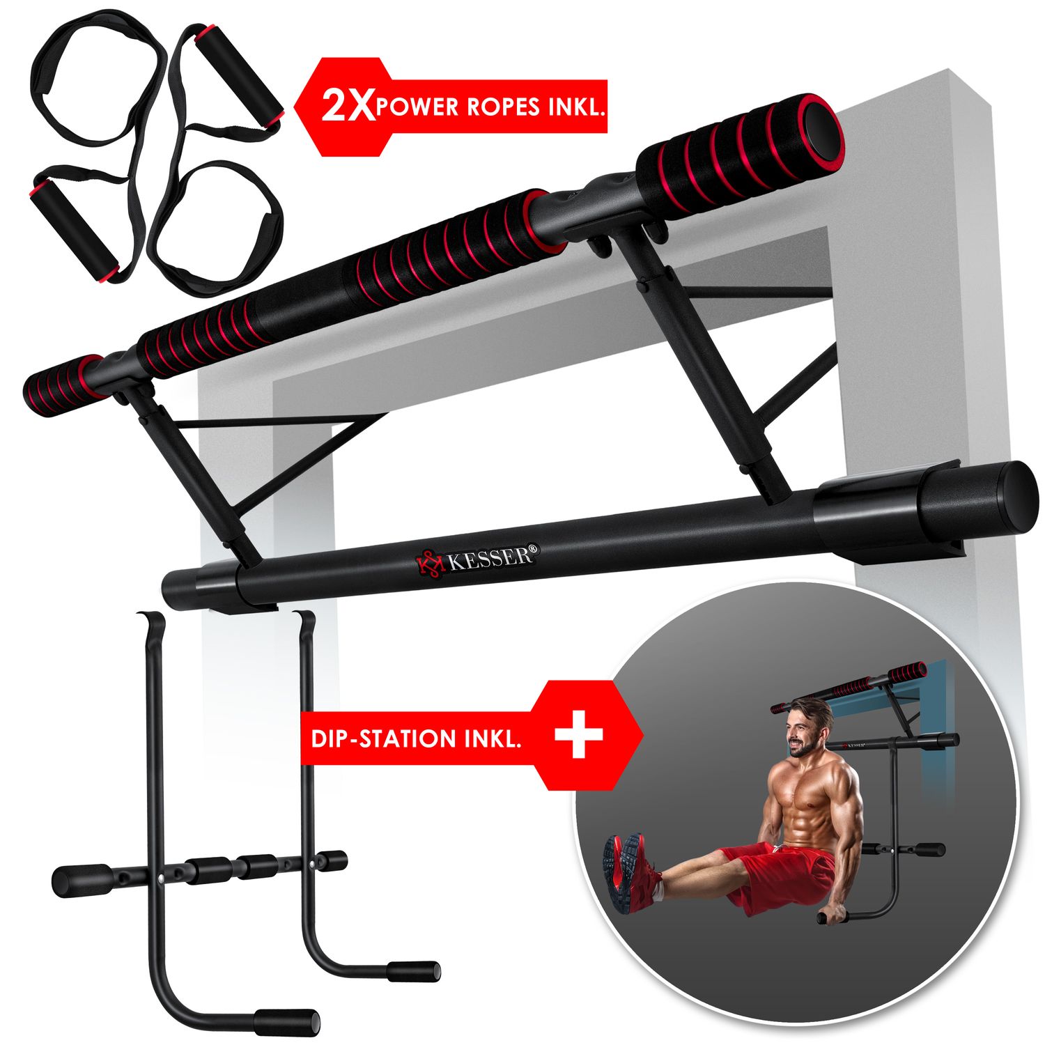 KESSER&reg; 4in1 Premium Klimmzugstange inkl. DIP-Station & Power Ropes , klappbare T&uuml;rreck, sichere T&uuml;rrahmen einh&auml;ngen, Montage zu Hause ohne Schrauben , Pull Up Bar - Bild 1