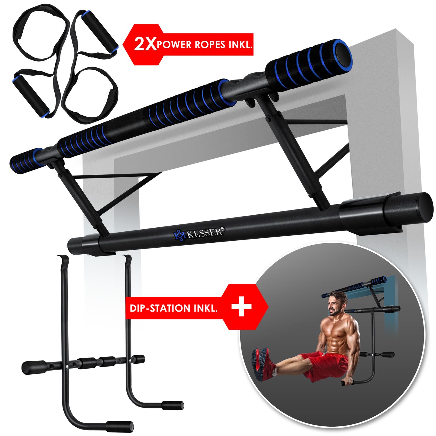 KESSER&reg; 4in1 Premium Klimmzugstange inkl. DIP-Station & Power Ropes , klappbare T&uuml;rreck, sichere T&uuml;rrahmen einh&auml;ngen, Montage zu Hause ohne Schrauben , Pull Up Bar - Bild 1