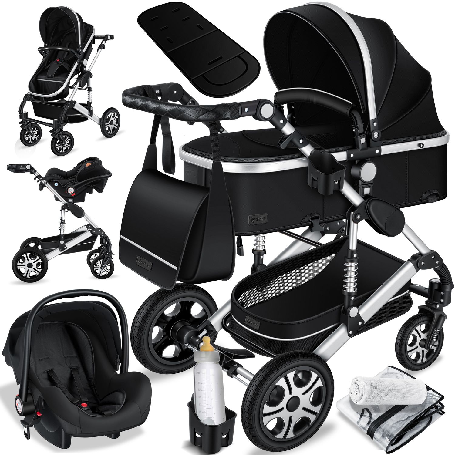KESSER&reg; Loops Kinderwagen 4 in 1 Kombikinderwagen Komplett-Set auch als Buggy f&uuml;r Kinder bis 4 Jahre inkl. Babywanne, Babyschale + Fu&szlig;sack, Korb, Wickeltasche, Regen- & Insektenschutz & Flaschenhalter - Bild 1