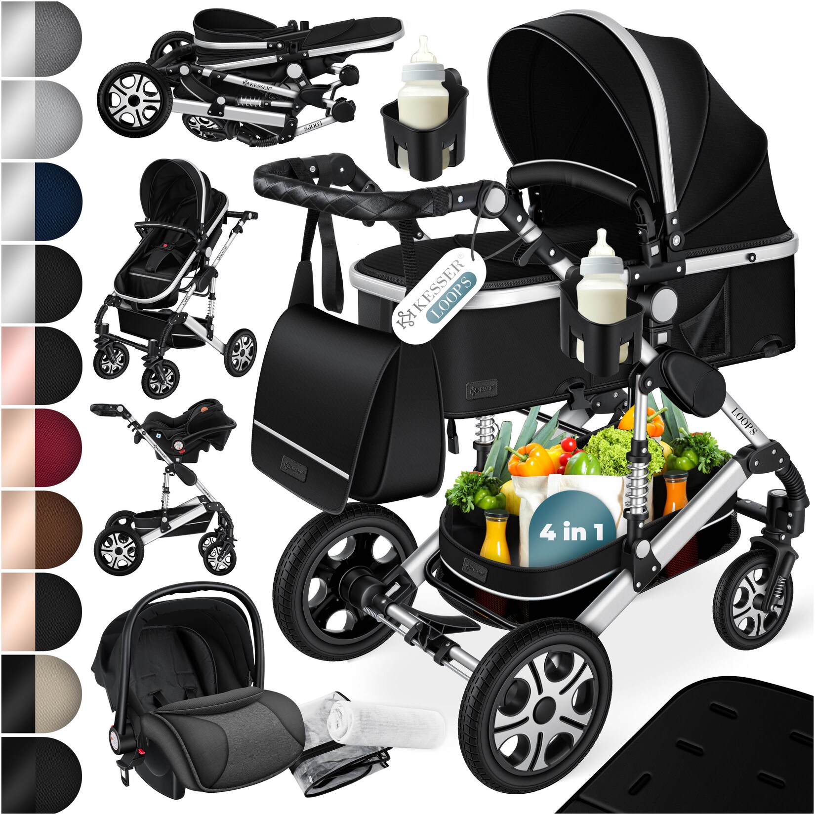 KESSER® Loops Kinderwagen 4 in 1 Kombikinderwagen Komplett-Set auch als Buggy für Kinder bis 4 Jahre inkl. Babywanne, Babyschale + Fußsack, Korb, Wickeltasche, Regen- & Insektenschutz & Flaschenhalter