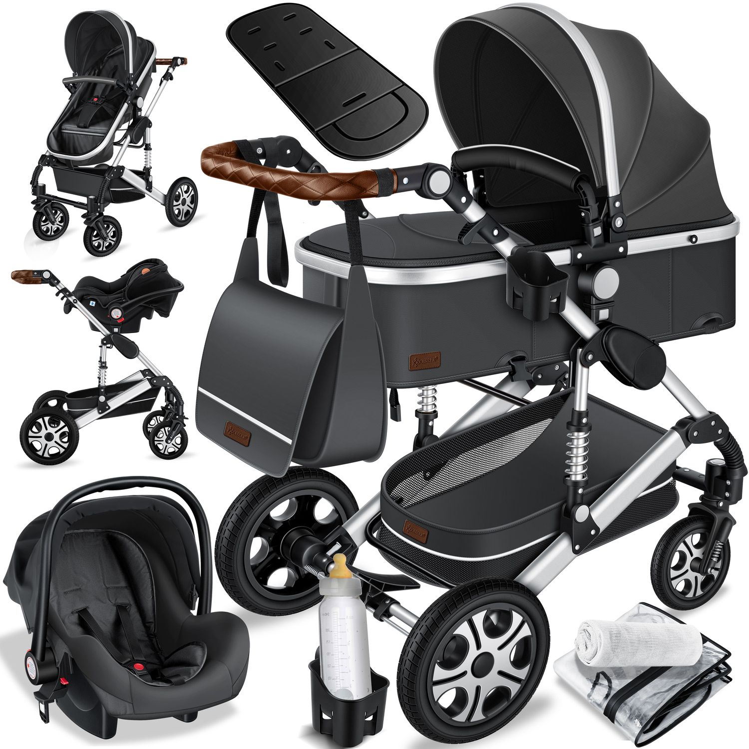 KESSER&reg; Loops Kinderwagen 4 in 1 Kombikinderwagen Komplett-Set auch als Buggy f&uuml;r Kinder bis 4 Jahre inkl. Babywanne, Babyschale + Fu&szlig;sack, Korb, Wickeltasche, Regen- & Insektenschutz & Flaschenhalter - Bild 1