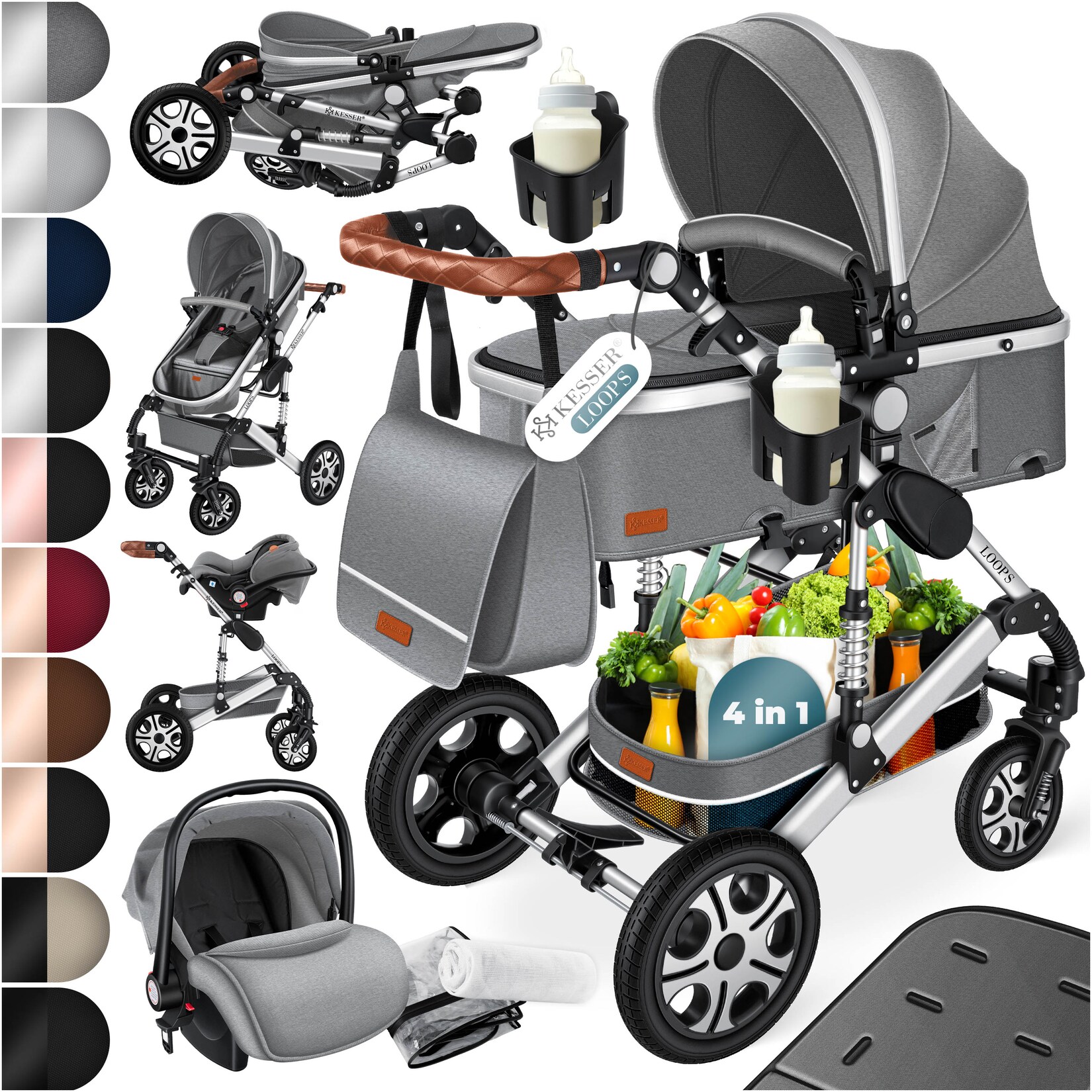 KESSER® Loops Kinderwagen 4 in 1 Kombikinderwagen Komplett-Set auch als Buggy für Kinder bis 4 Jahre inkl. Babywanne, Babyschale + Fußsack, …