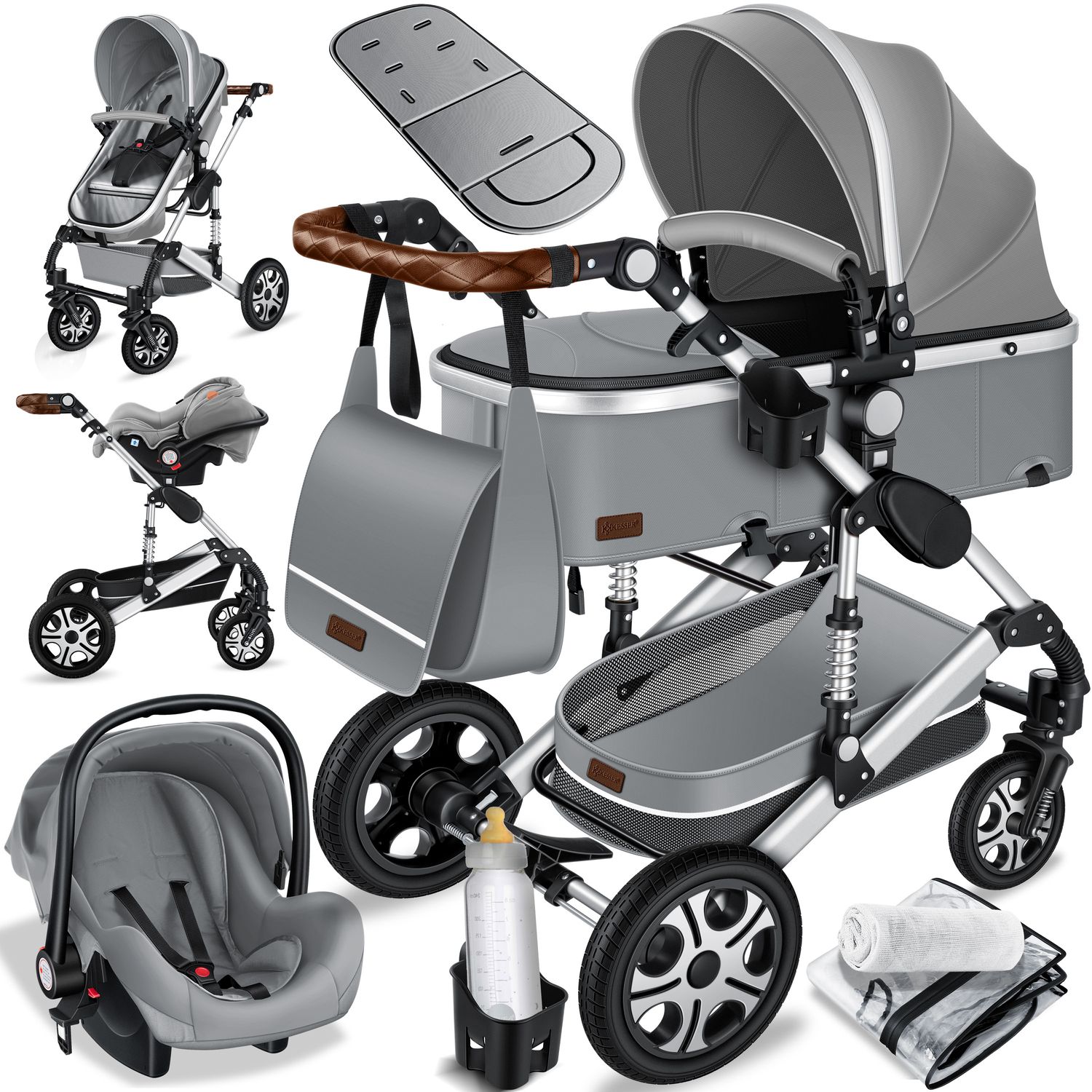 KESSER&reg; Loops Kinderwagen 4 in 1 Kombikinderwagen Komplett-Set auch als Buggy f&uuml;r Kinder bis 4 Jahre inkl. Babywanne, Babyschale + Fu&szlig;sack, Korb, Wickeltasche, Regen- & Insektenschutz & Flaschenhalter - Bild 1