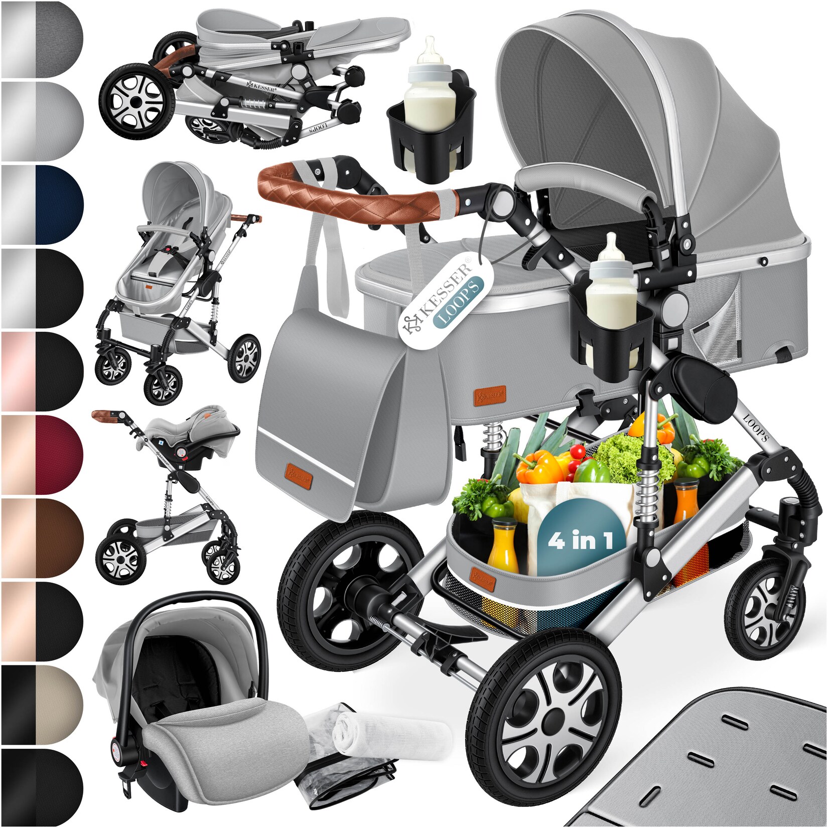 KESSER® Loops Kinderwagen 4 in 1 Kombikinderwagen Komplett-Set auch als Buggy für Kinder bis 4 Jahre inkl. Babywanne, Babyschale + Fußsack, Korb, Wickeltasche, Regen- & Insektenschutz & Flaschenhalter