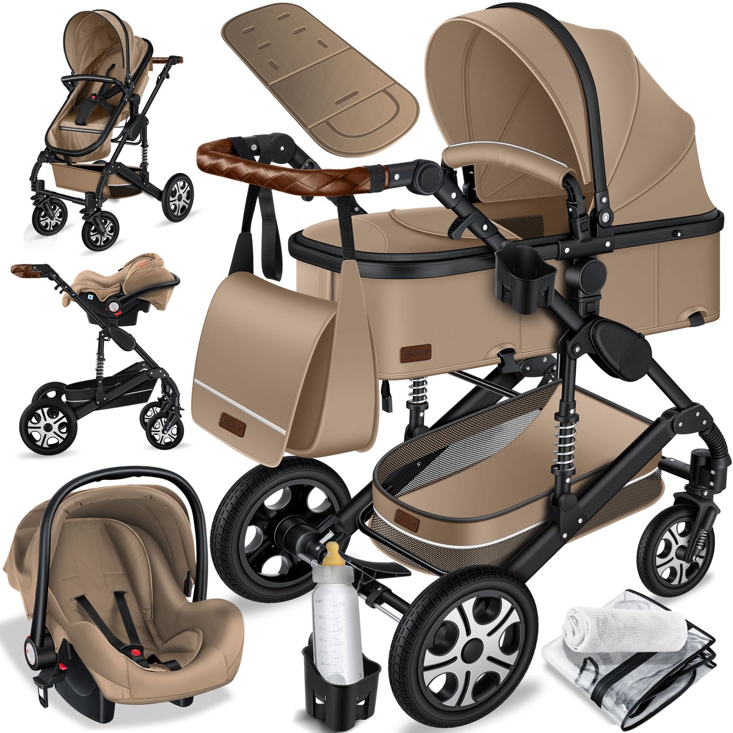 KESSER&reg; Loops Kinderwagen 4 in 1 Kombikinderwagen Komplett-Set auch als Buggy f&uuml;r Kinder bis 4 Jahre inkl. Babywanne, Babyschale + Fu&szlig;sack, Korb, Wickeltasche, Regen- & Insektenschutz & Flaschenhalter - Bild 1