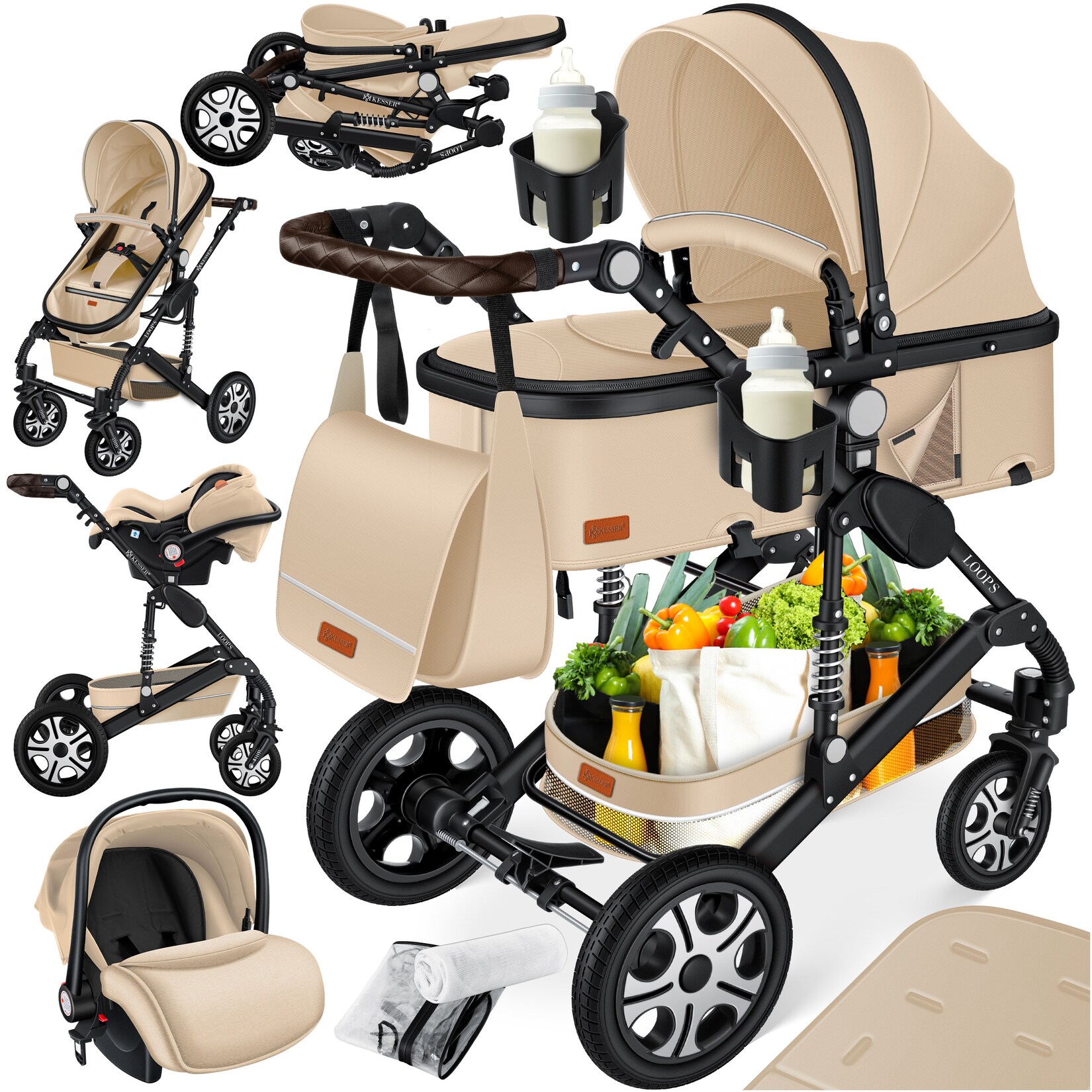 KESSER® Loops Kinderwagen 4 in 1 Kombikinderwagen Komplett-Set auch als Buggy für Kinder bis 4 Jahre inkl. Babywanne, Babyschale + Fußsack, Korb, Wickeltasche, Regen- & Insektenschutz & Flaschenhalter