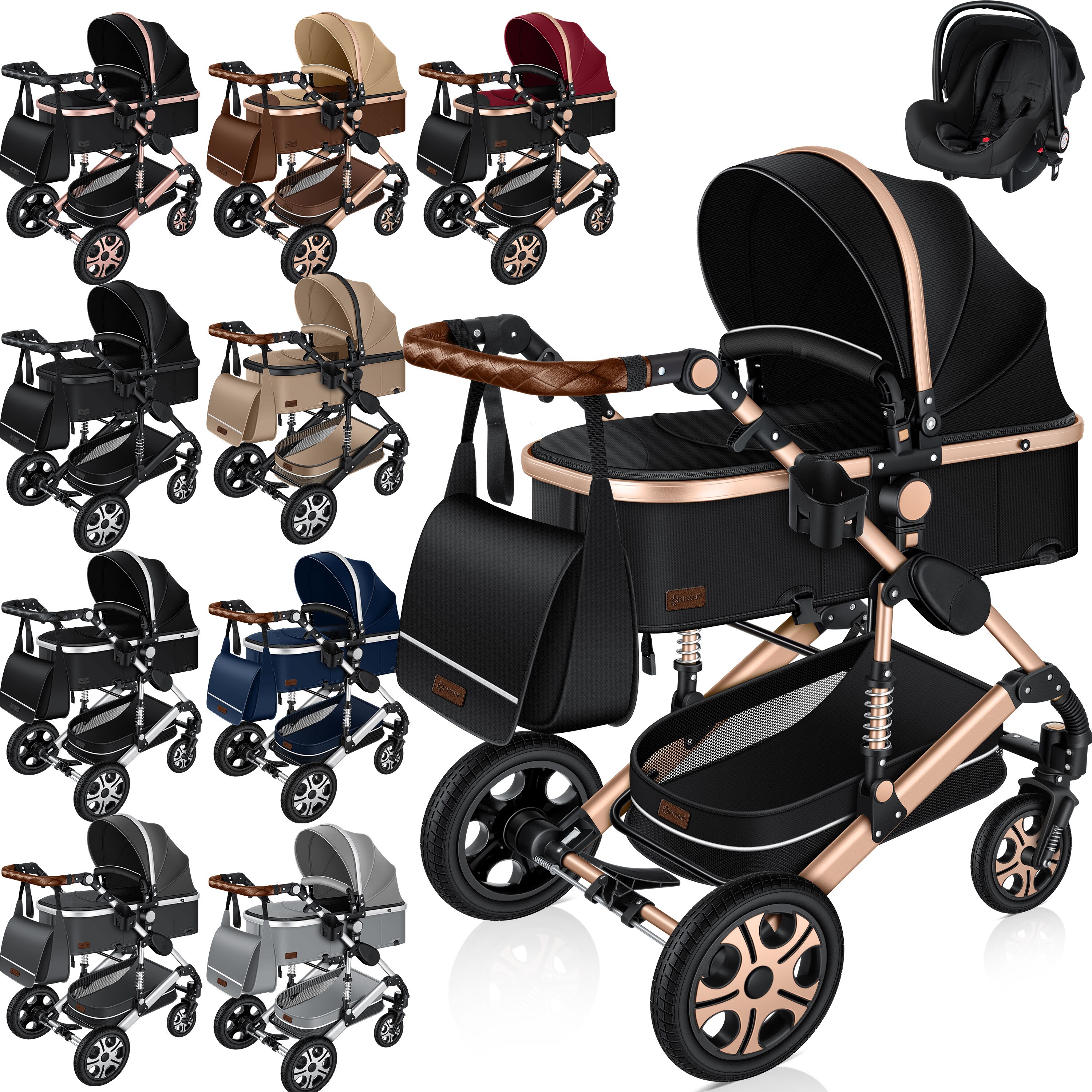 KESSER&reg; Loops Kinderwagen 4 in 1 Kombikinderwagen Komplett-Set auch als Buggy f&uuml;r Kinder bis 4 Jahre inkl. Babywanne, Babyschale + Fu&szlig;sack, Korb, Wickeltasche, Regen- & Insektenschutz & Flaschenhalter - Bild 1