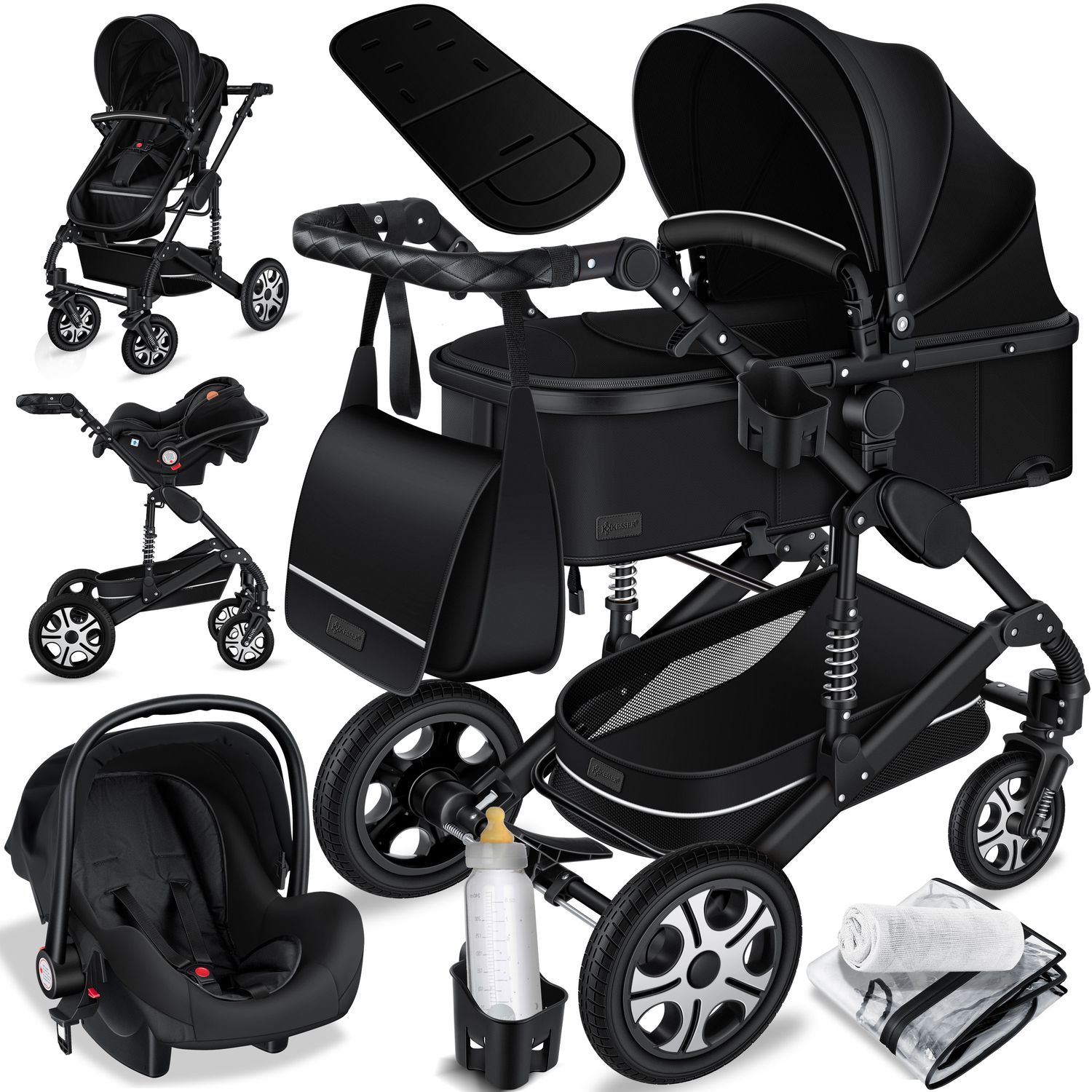 KESSER&reg; Loops Kinderwagen 4 in 1 Kombikinderwagen Komplett-Set auch als Buggy f&uuml;r Kinder bis 4 Jahre inkl. Babywanne, Babyschale + Fu&szlig;sack, Korb, Wickeltasche, Regen- & Insektenschutz & Flaschenhalter - Bild 1