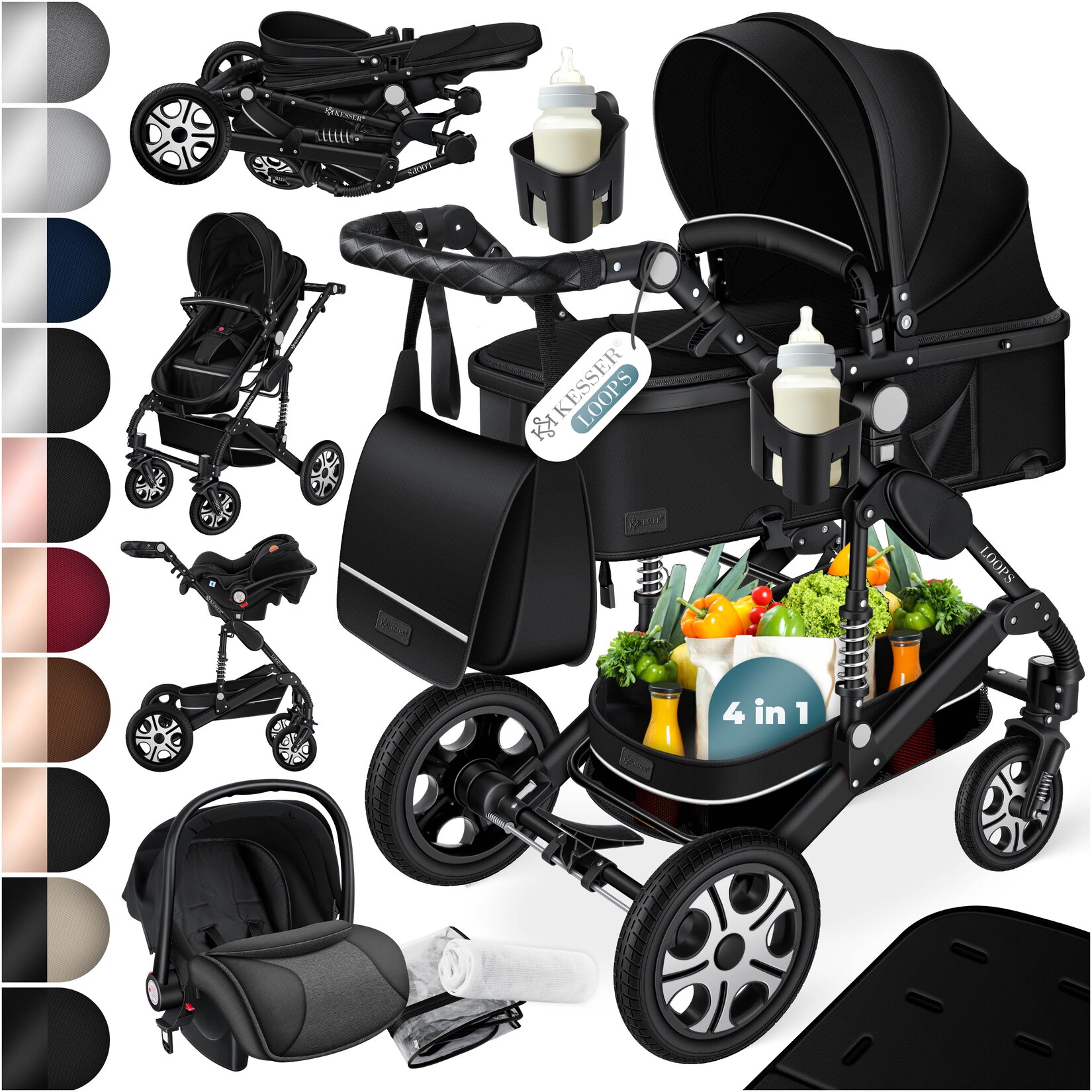 KESSER® Loops Kinderwagen 4 in 1 Kombikinderwagen Komplett-Set auch als Buggy für Kinder bis 4 Jahre inkl. Babywanne, Babyschale + Fußsack, Korb, Wickeltasche, Regen- & Insektenschutz & Flaschenhalter