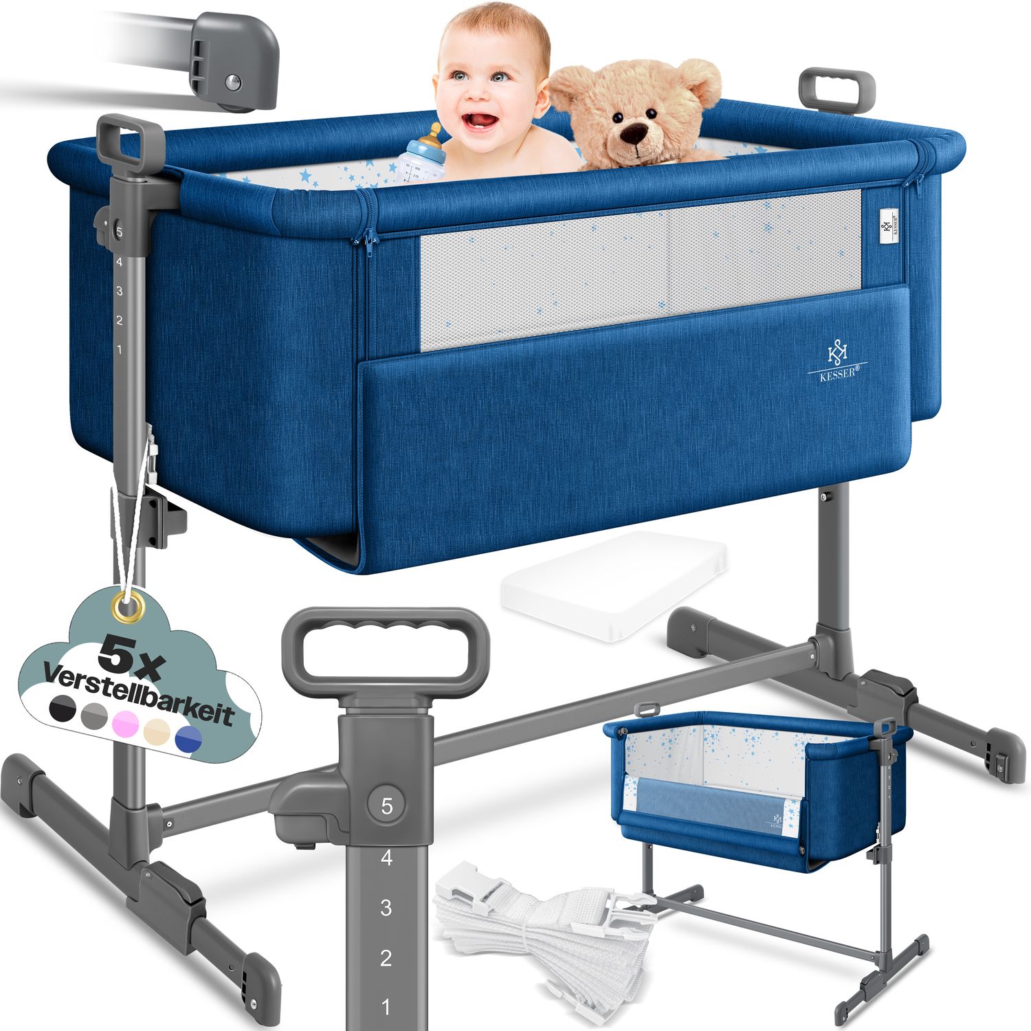 KESSER&reg; Zustellbett Hubi 3in1 Baby Beistellbett Reisebett Babybett mit weich Matratze, mit Rollen Kinderbett, 5-fach H&ouml;henverstellung, Faltbare Seitenwand f&uuml;r zu Hause und unterwegs - Bild 1