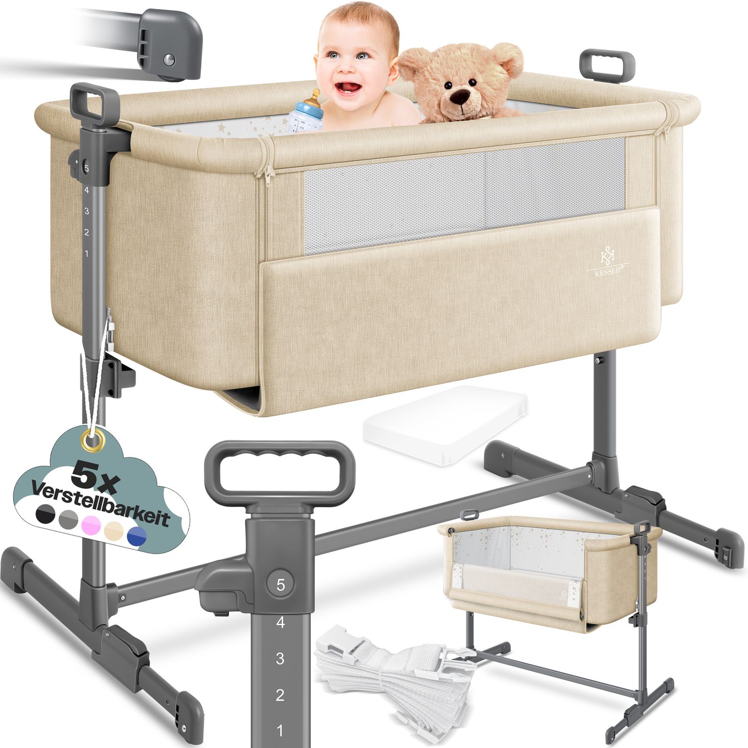 KESSER&reg; Zustellbett Hubi 3in1 Baby Beistellbett Reisebett Babybett mit weich Matratze, mit Rollen Kinderbett, 5-fach H&ouml;henverstellung, Faltbare Seitenwand f&uuml;r zu Hause und unterwegs - Bild 1