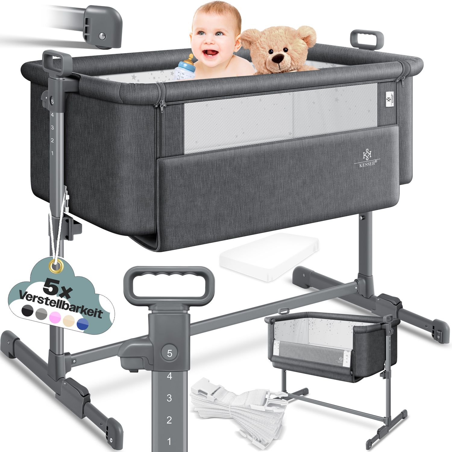 KESSER&reg; Zustellbett Hubi 3in1 Baby Beistellbett Reisebett Babybett mit weich Matratze, mit Rollen Kinderbett, 5-fach H&ouml;henverstellung, Faltbare Seitenwand f&uuml;r zu Hause und unterwegs - Bild 1