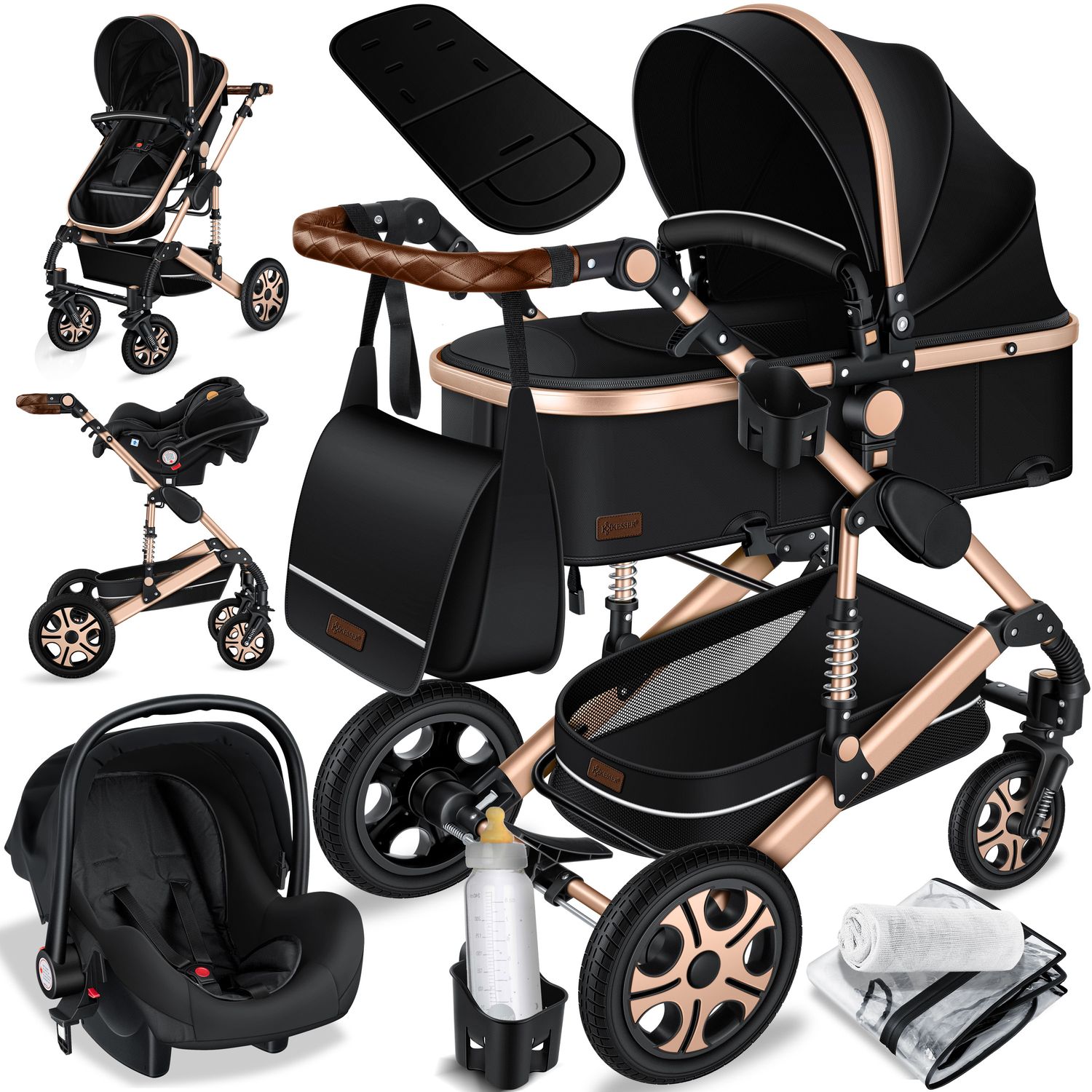 KESSER&reg; Loops Kinderwagen 4 in 1 Kombikinderwagen Komplett-Set auch als Buggy f&uuml;r Kinder bis 4 Jahre inkl. Babywanne, Babyschale + Fu&szlig;sack, Korb, Wickeltasche, Regen- & Insektenschutz & Flaschenhalter - Bild 1