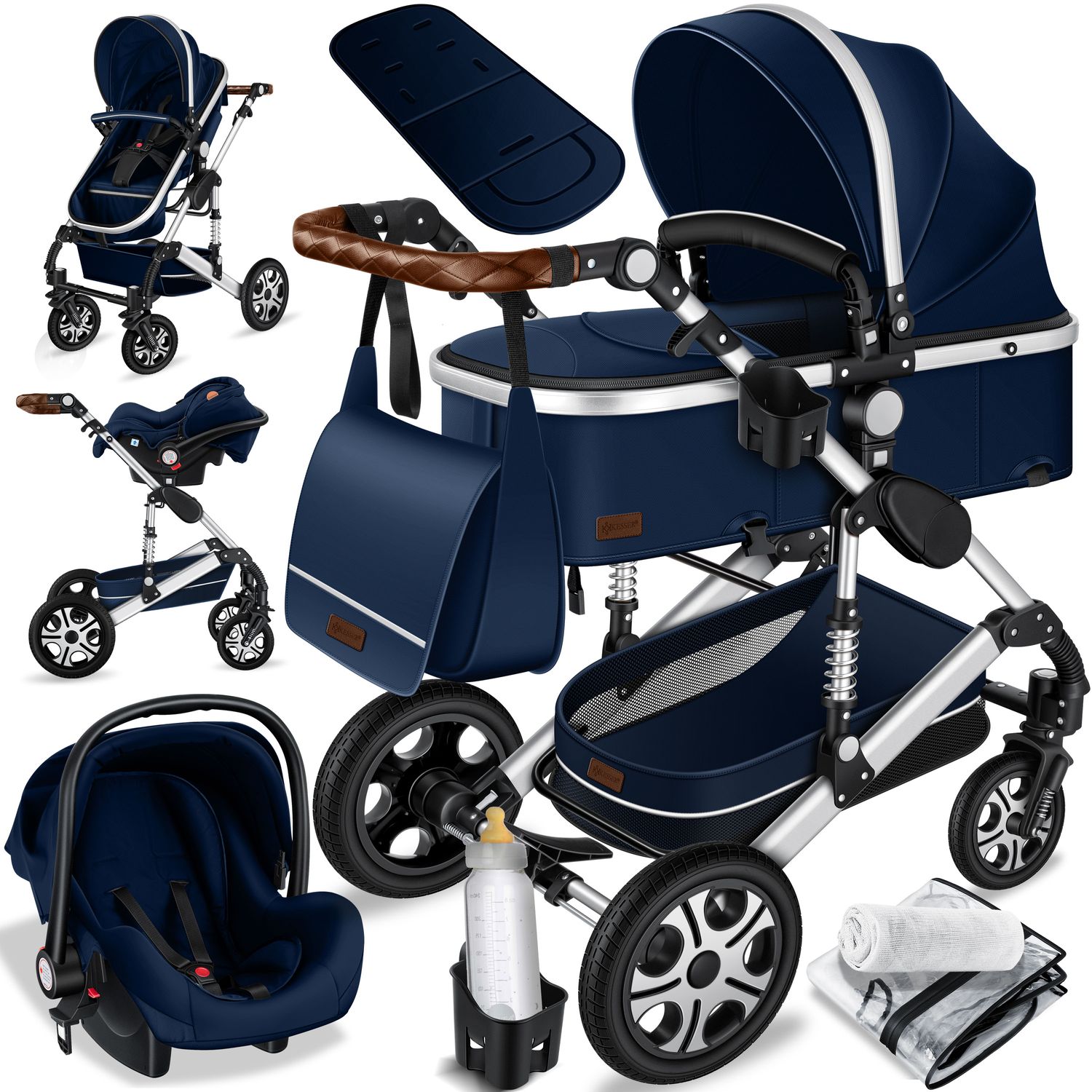 KESSER&reg; Loops Kinderwagen 4 in 1 Kombikinderwagen Komplett-Set auch als Buggy f&uuml;r Kinder bis 4 Jahre inkl. Babywanne, Babyschale + Fu&szlig;sack, Korb, Wickeltasche, Regen- & Insektenschutz & Flaschenhalter - Bild 1