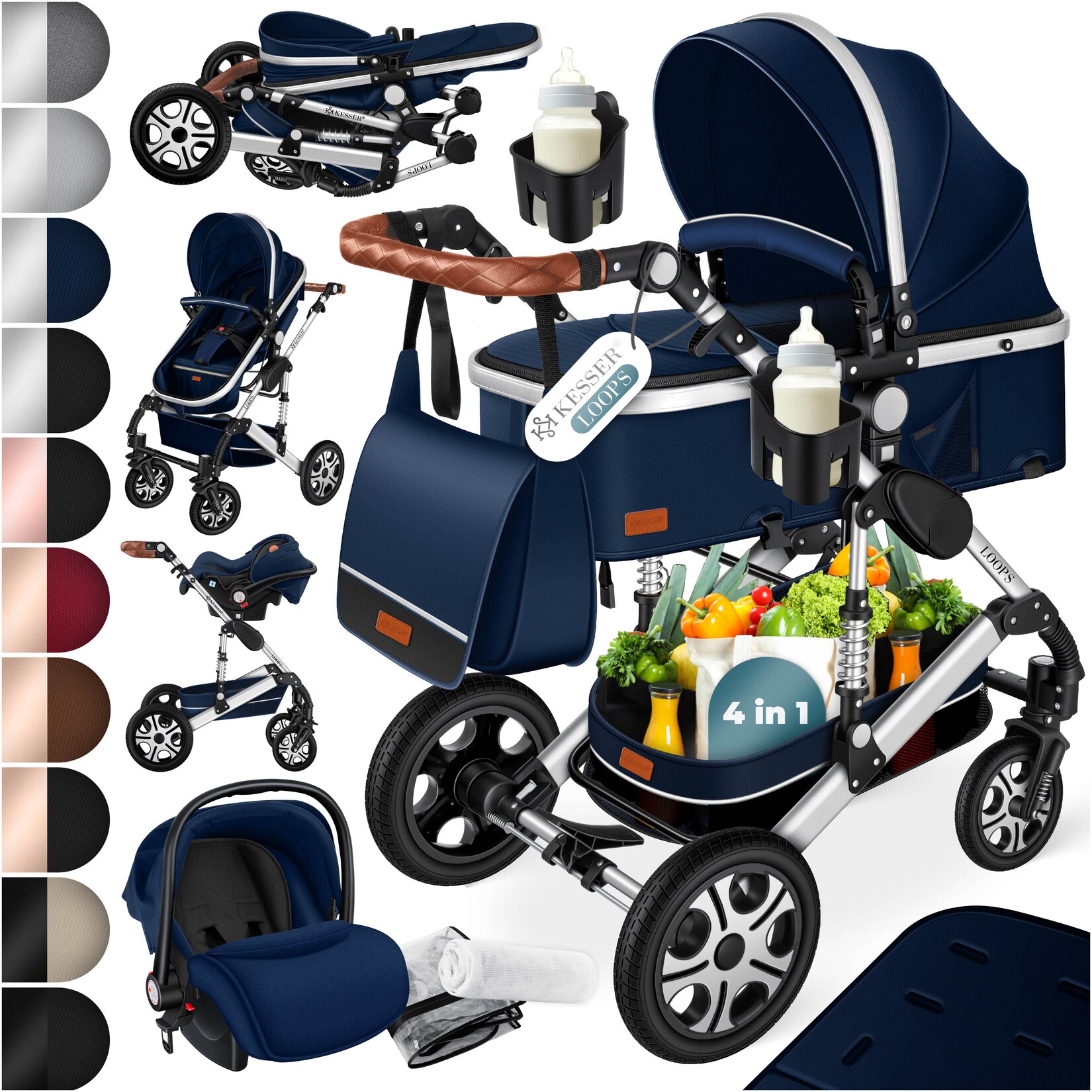 KESSER® Loops Kinderwagen 4 in 1 Kombikinderwagen Komplett-Set auch als Buggy für Kinder bis 4 Jahre inkl. Babywanne, Babyschale + Fußsack, Korb, Wickeltasche, Regen- & Insektenschutz & Flaschenhalter