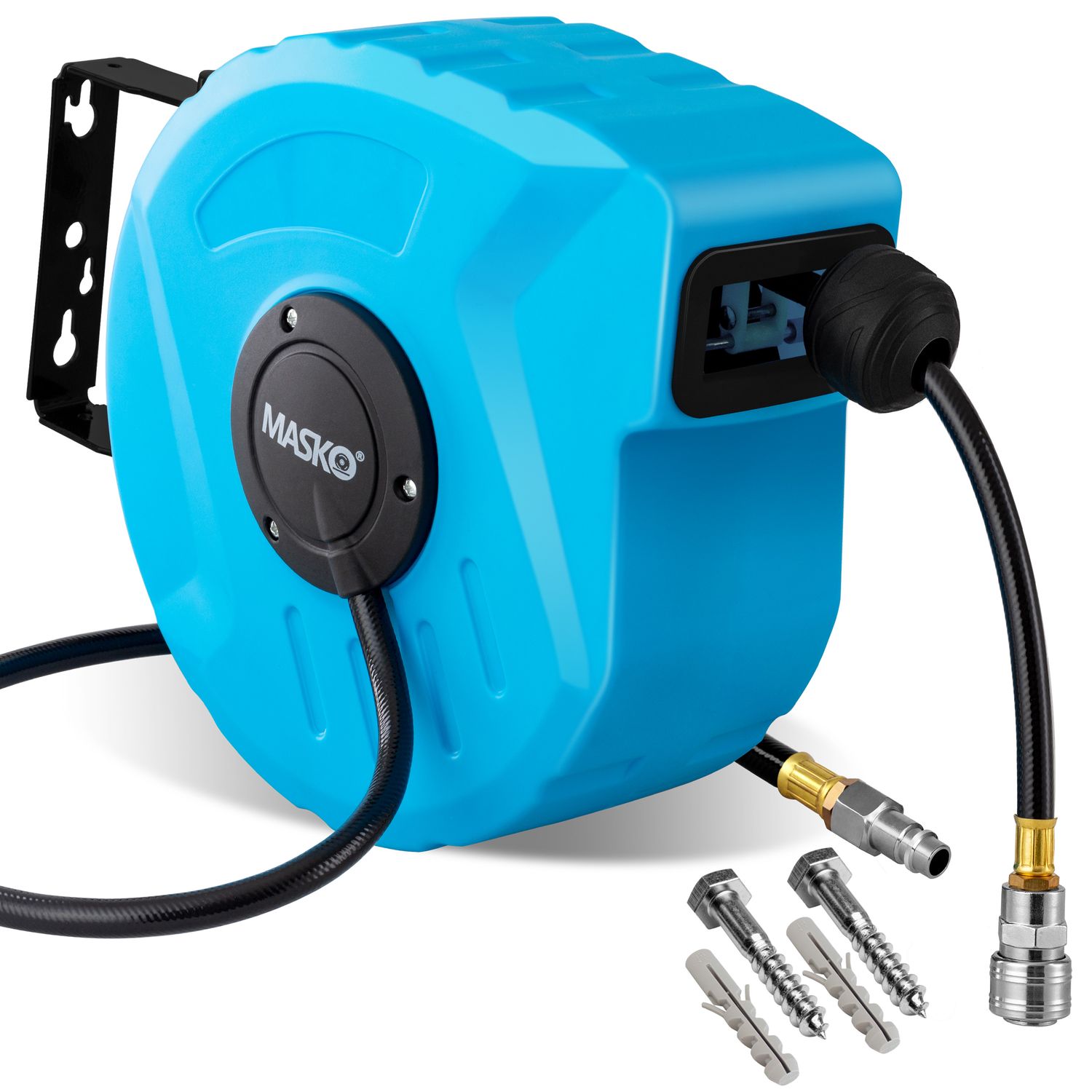 MASKO&reg; Automatik Druckluftschlauch Aufroller &ndash; Schlauchtrommel mit 1/4" Anschluss, Schlauchaufroller, Wandhalterung, Tragegriff, 180&deg; schwenkbar, Schlauchbremse, vormontiert & sofort einsatzbereit - Bild 1