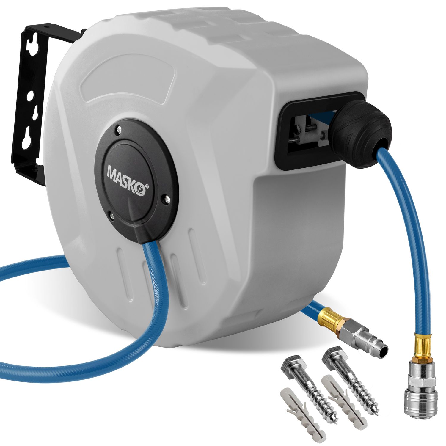 MASKO&reg; Automatik Druckluftschlauch Aufroller &ndash; Schlauchtrommel mit 1/4" Anschluss, Schlauchaufroller, Wandhalterung, Tragegriff, 180&deg; schwenkbar, Schlauchbremse, vormontiert & sofort einsatzbereit - Bild 1