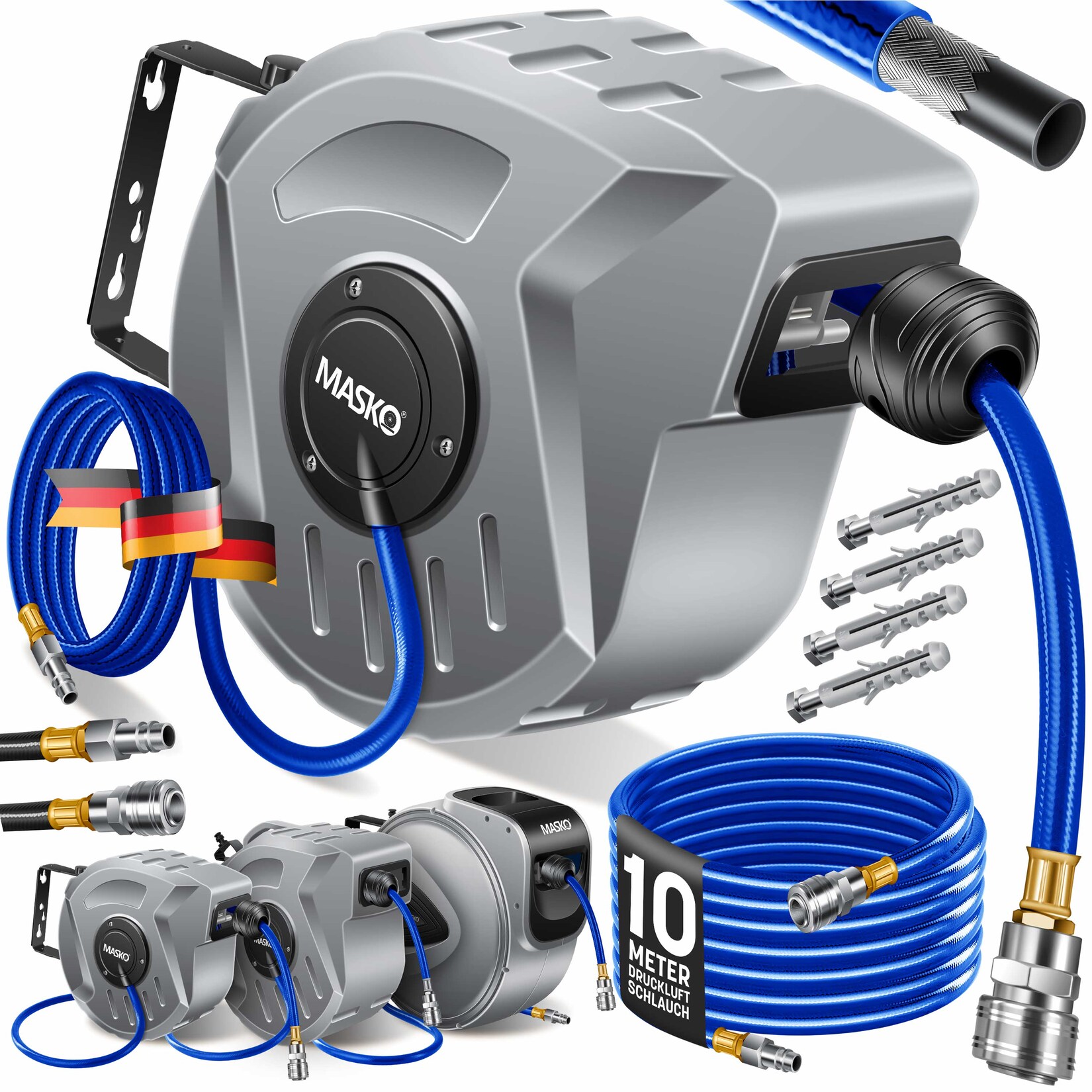 MASKO® Automatik Druckluftschlauch Aufroller – Schlauchtrommel mit 1/4" Anschluss, Schlauchaufroller, Wandhalterung, Tragegriff, 180° schwenkbar, Schlauchbremse, vormontiert & sofort einsatzbereit