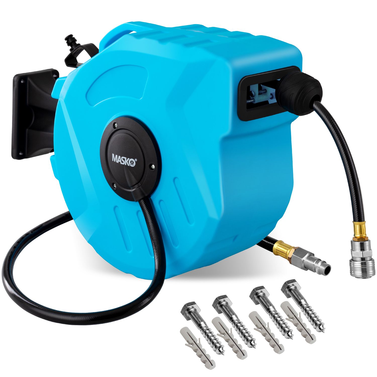 MASKO&reg; Automatik Druckluftschlauch Aufroller &ndash; Schlauchtrommel mit 1/4" Anschluss, Schlauchaufroller, Wandhalterung, Tragegriff, 180&deg; schwenkbar, Schlauchbremse, vormontiert & sofort einsatzbereit - Bild 1