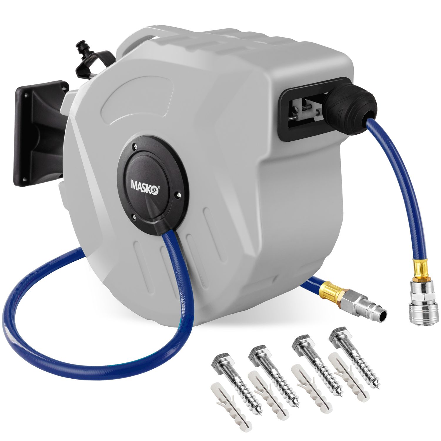 MASKO&reg; Automatik Druckluftschlauch Aufroller &ndash; Schlauchtrommel mit 1/4" Anschluss, Schlauchaufroller, Wandhalterung, Tragegriff, 180&deg; schwenkbar, Schlauchbremse, vormontiert & sofort einsatzbereit - Bild 1