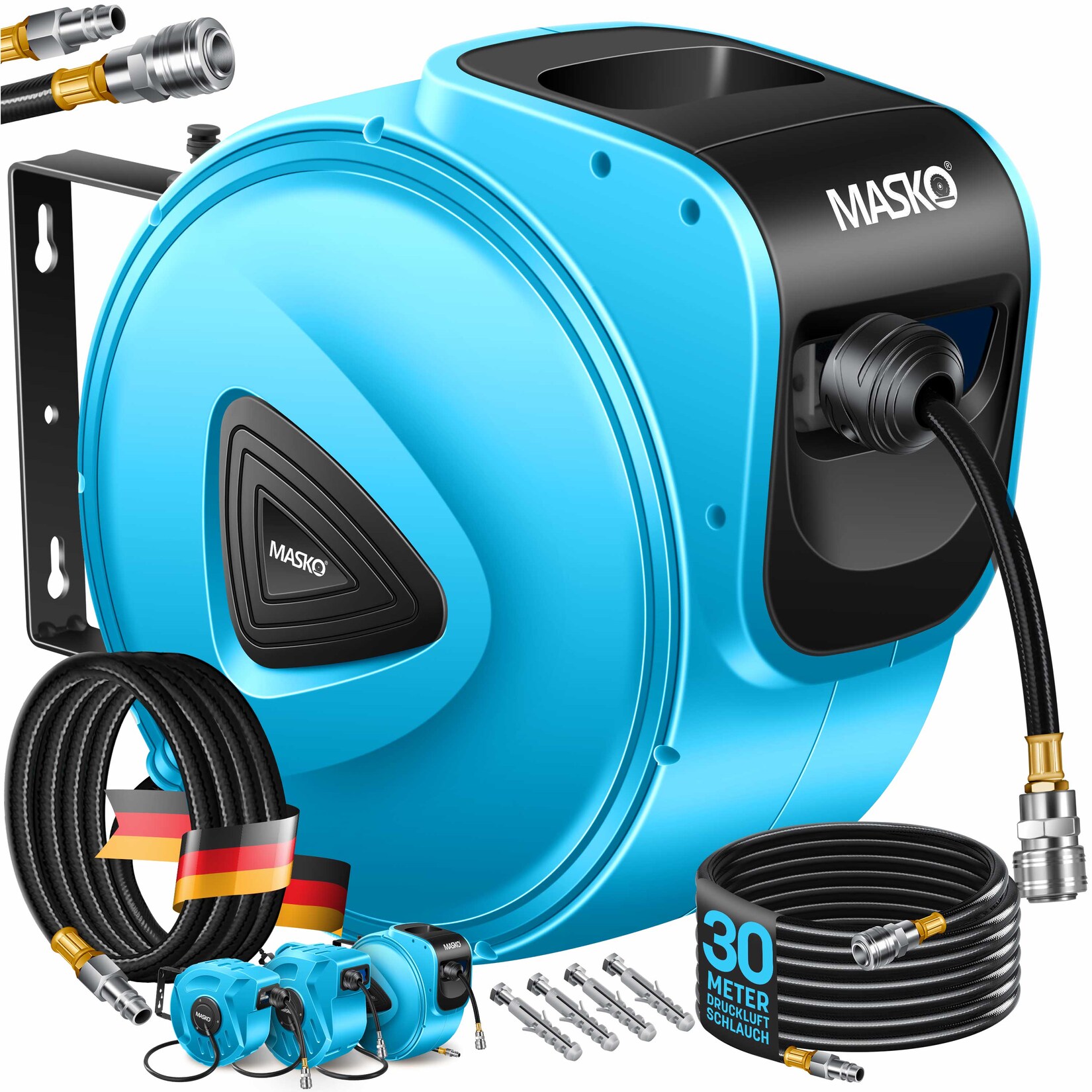 MASKO® Automatik Druckluftschlauch Aufroller – Schlauchtrommel mit 1/4" Anschluss, Schlauchaufroller, Wandhalterung, Tragegriff, 180° schwenkbar, Schlauchbremse, vormontiert & sofort einsatzbereit