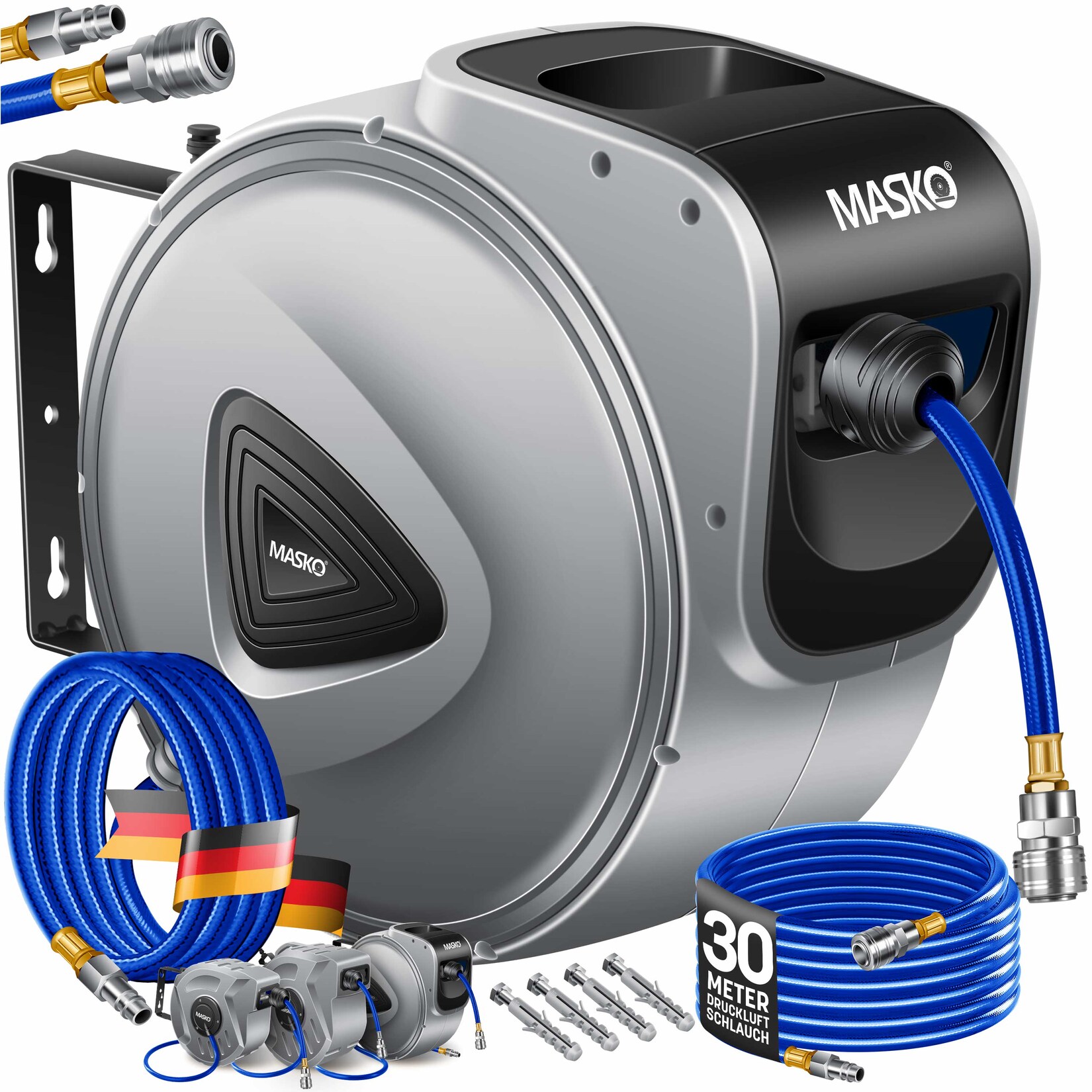 MASKO® Automatik Druckluftschlauch Aufroller – Schlauchtrommel mit 1/4" Anschluss, Schlauchaufroller, Wandhalterung, Tragegriff, 180° schwenkbar, Schlauchbremse, vormontiert & sofort einsatzbereit