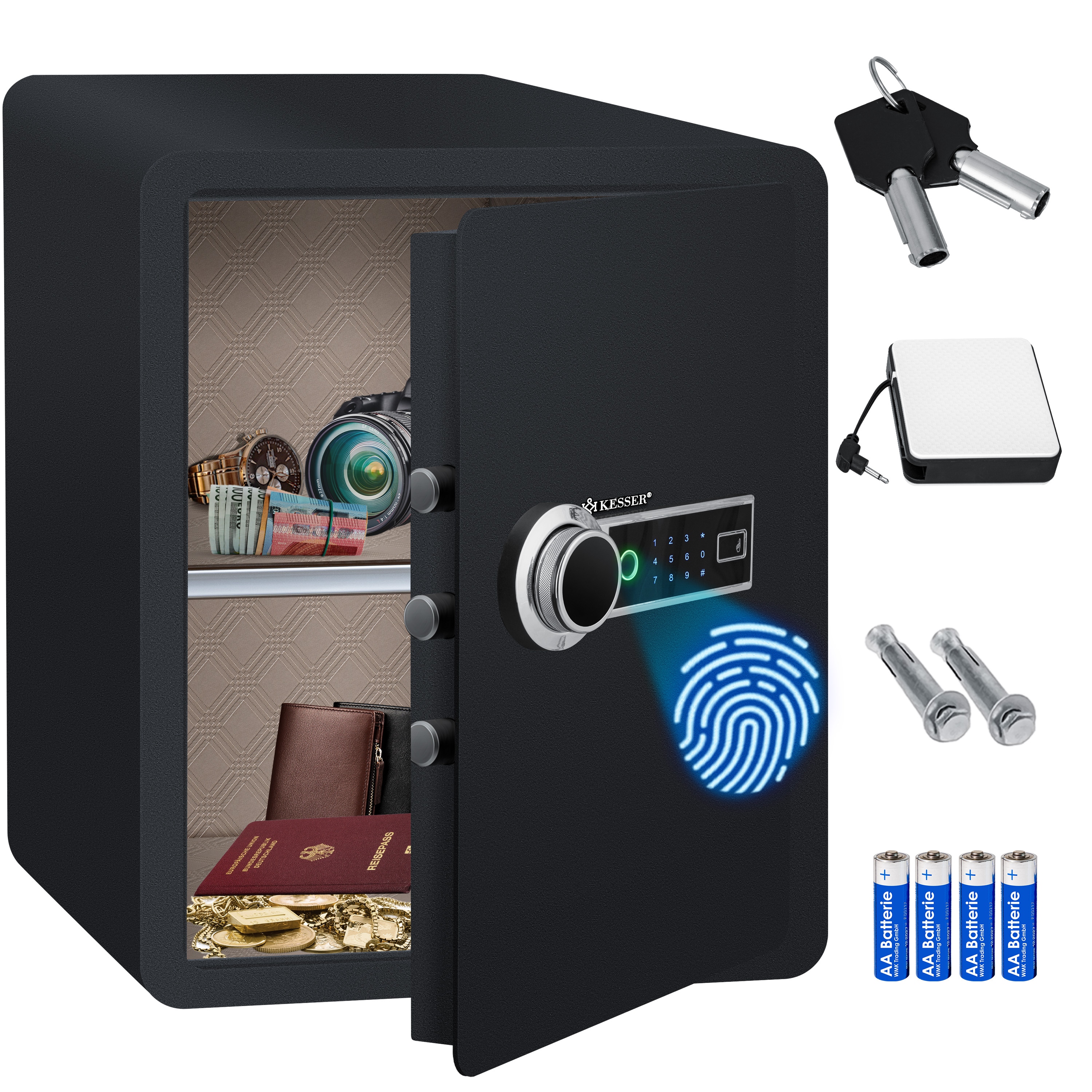 KESSER&reg; Elektr. Tresor mit Fingerabdruck | Inkl. Batteriebox | Elektronischer Safe | 3x Doppelbolzenverriegelung | Boden Wandtresor | M&ouml;beltresor | Beleuchtung | Panzerschrank Zahlenschloss - Bild 1