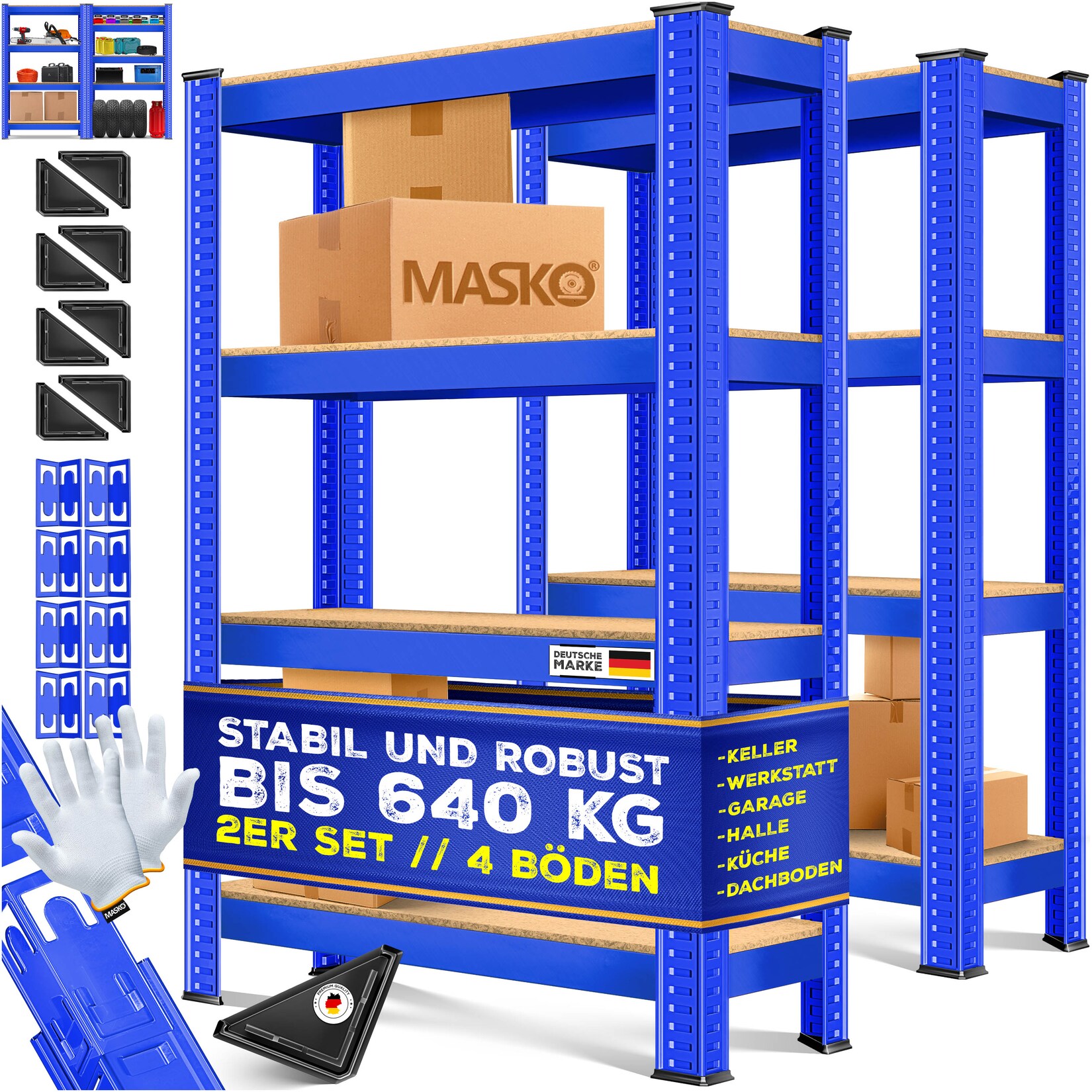 MASKO® 2er-Set Lagerregal Schwerlastregal, Kellerregal, verstellbare Ablagen, MDF-Platten Regal aus Metall, Steckregal, Werkstattregal, Keller, Garage