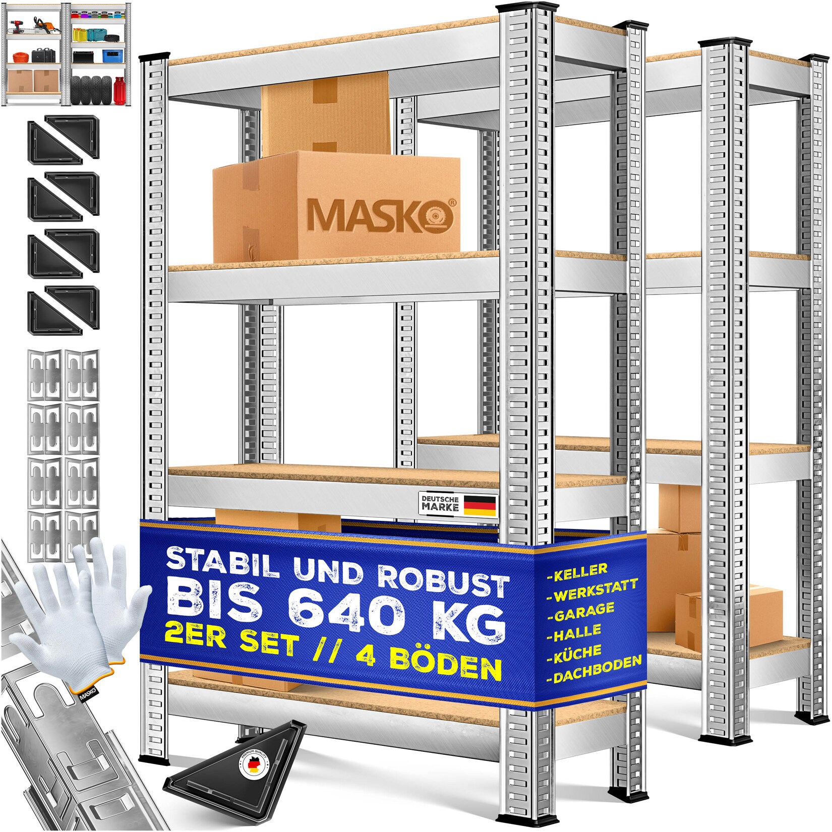 MASKO® 2er-Set Lagerregal Schwerlastregal, Kellerregal, verstellbare Ablagen, MDF-Platten Regal aus Metall, Steckregal, Werkstattregal, Keller, Garage