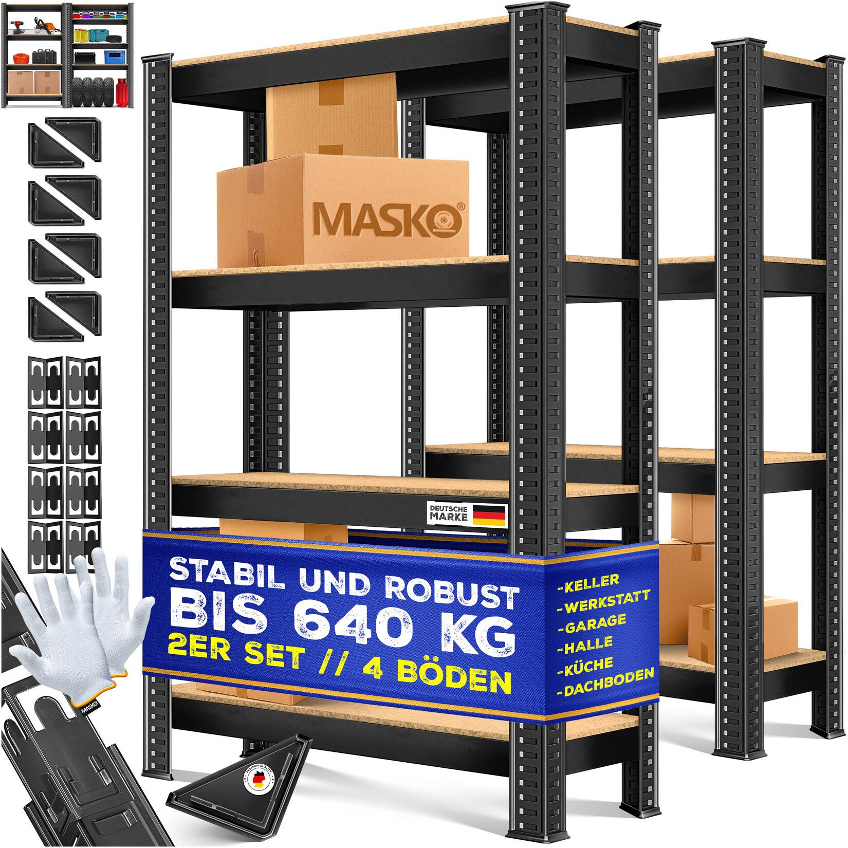 MASKO® 2er-Set Lagerregal Schwerlastregal, Kellerregal, verstellbare Ablagen, MDF-Platten Regal aus Metall, Steckregal, Werkstattregal, Keller, Garage