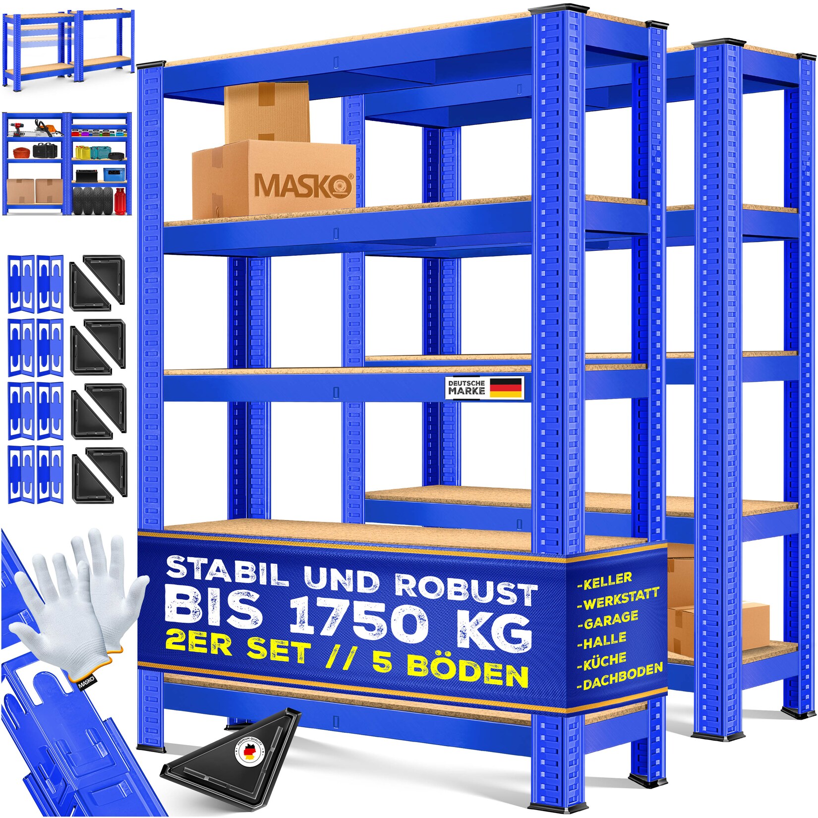MASKO® 2er-Set Lagerregal Schwerlastregal, Kellerregal, verstellbare Ablagen, MDF-Platten Regal aus Metall, Steckregal, Werkstattregal, Keller, Garage