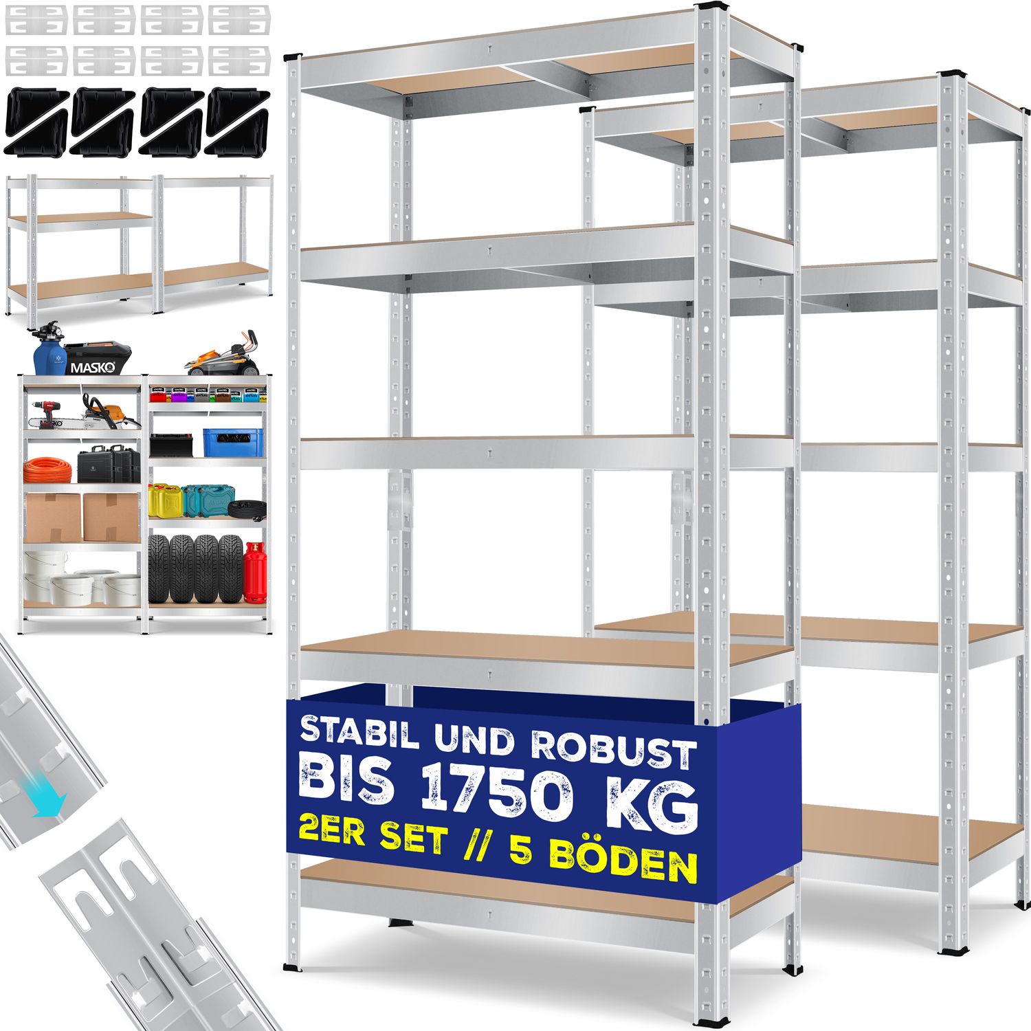 MASKO&reg; 2er-Set Lagerregal Schwerlastregal, Kellerregal, verstellbare Ablagen, MDF-Platten Regal aus Metall, Steckregal, Werkstattregal, Keller, Garage - Bild 1