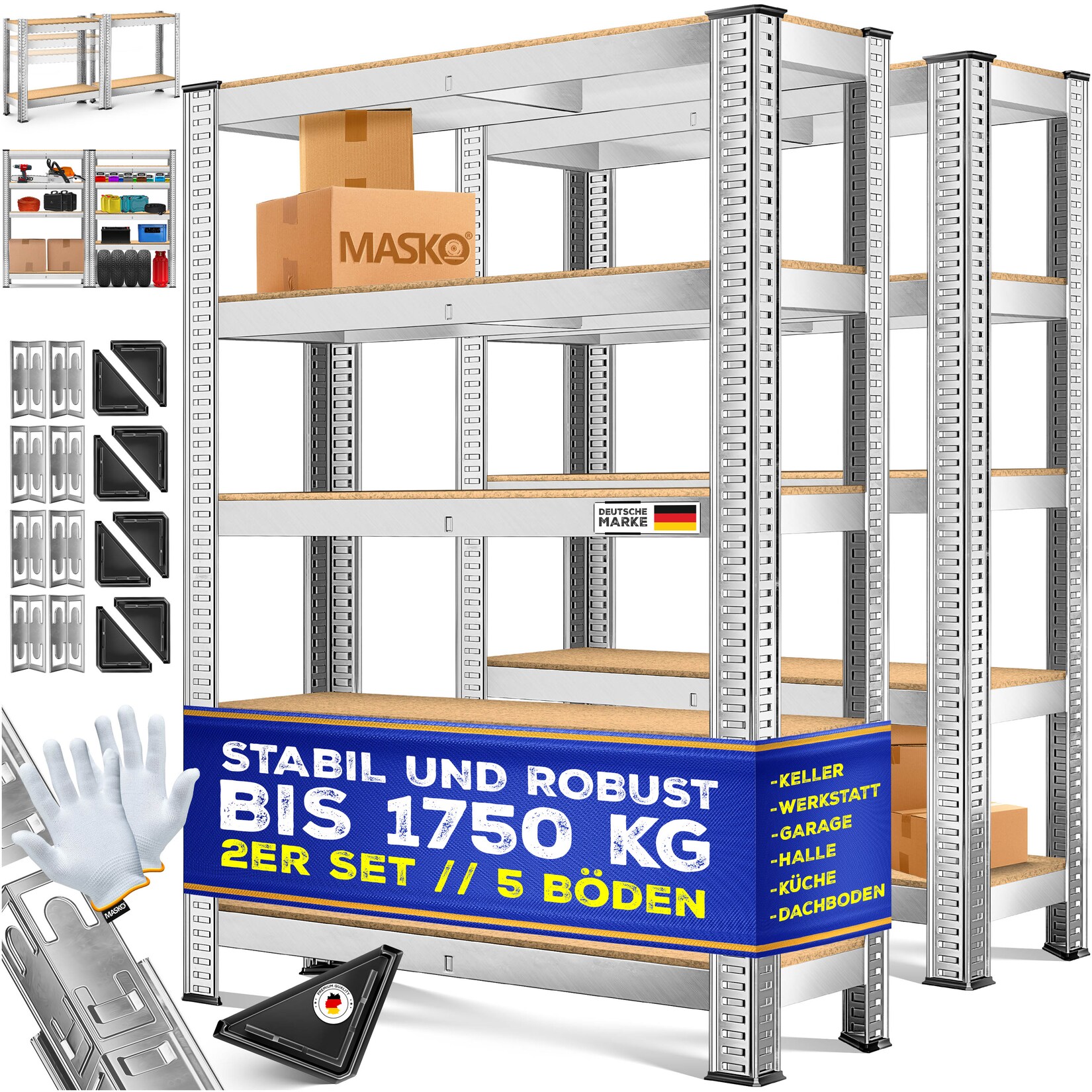 MASKO® 2er-Set Lagerregal Schwerlastregal, Kellerregal, verstellbare Ablagen, MDF-Platten Regal aus Metall, Steckregal, Werkstattregal, Keller, Garage