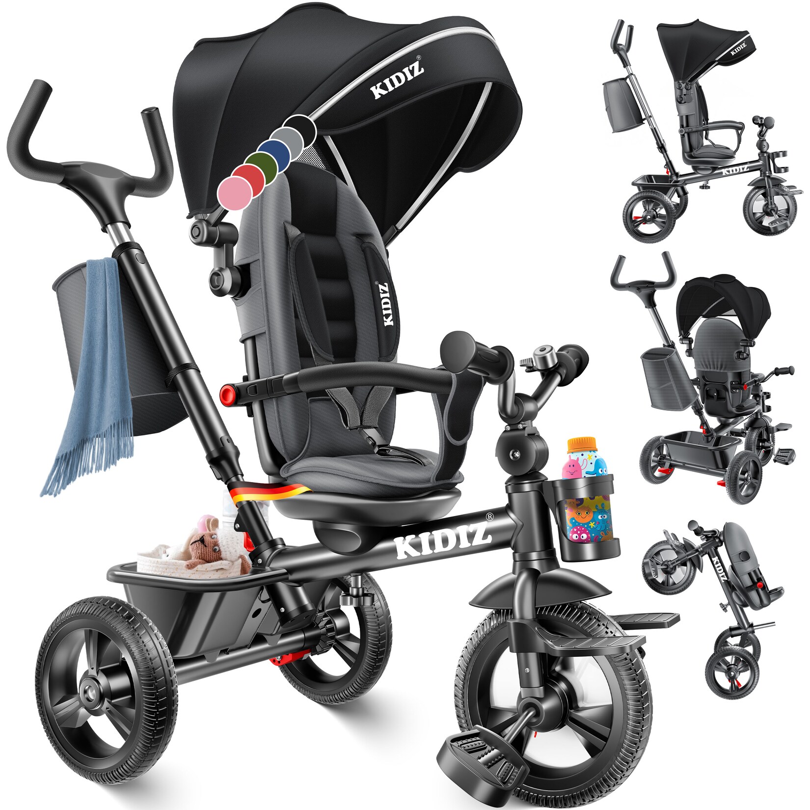 KIDIZ® Dreirad 5in1 Kinderdreirad mit Schubstange Lenksystem Stange ab 1 Jahr vorwärts und Rückwärtsfahrt Jogger , Korb Tasche Getränkehalter Sonnendach Gummiräder, Buggy Fahrrad Baby Klappbar