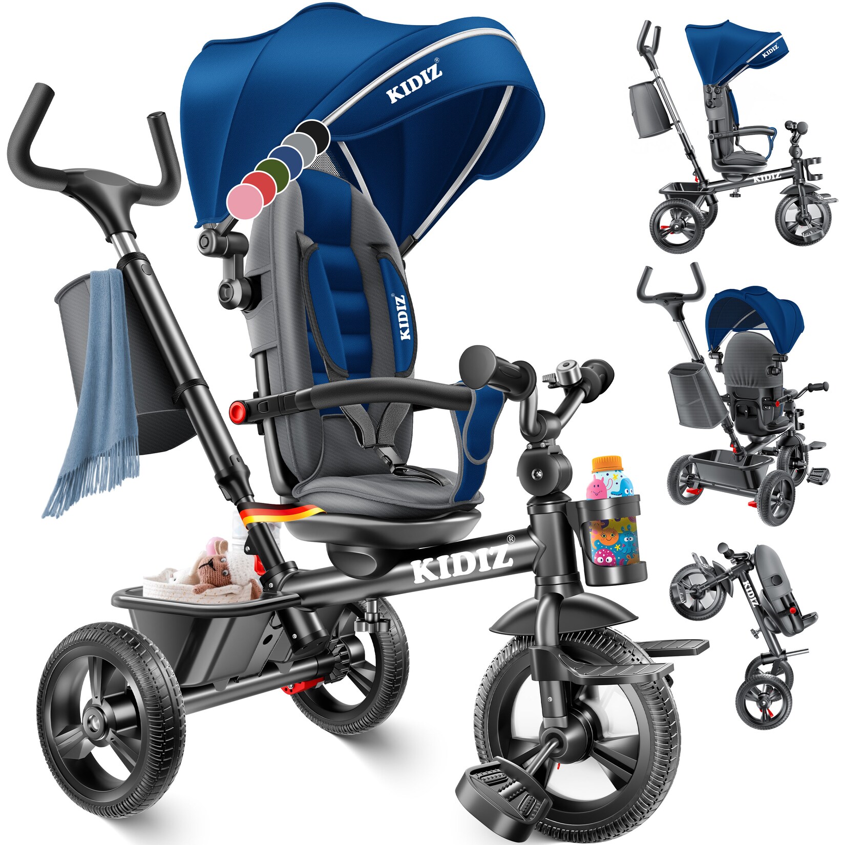 KIDIZ® Dreirad 5in1 Kinderdreirad mit Schubstange Lenksystem Stange ab 1 Jahr vorwärts und Rückwärtsfahrt Jogger ,  Korb Tasche Getränkehalter Sonnendach Gummiräder, Buggy Fahrrad Baby Klappbar | 04260692710106